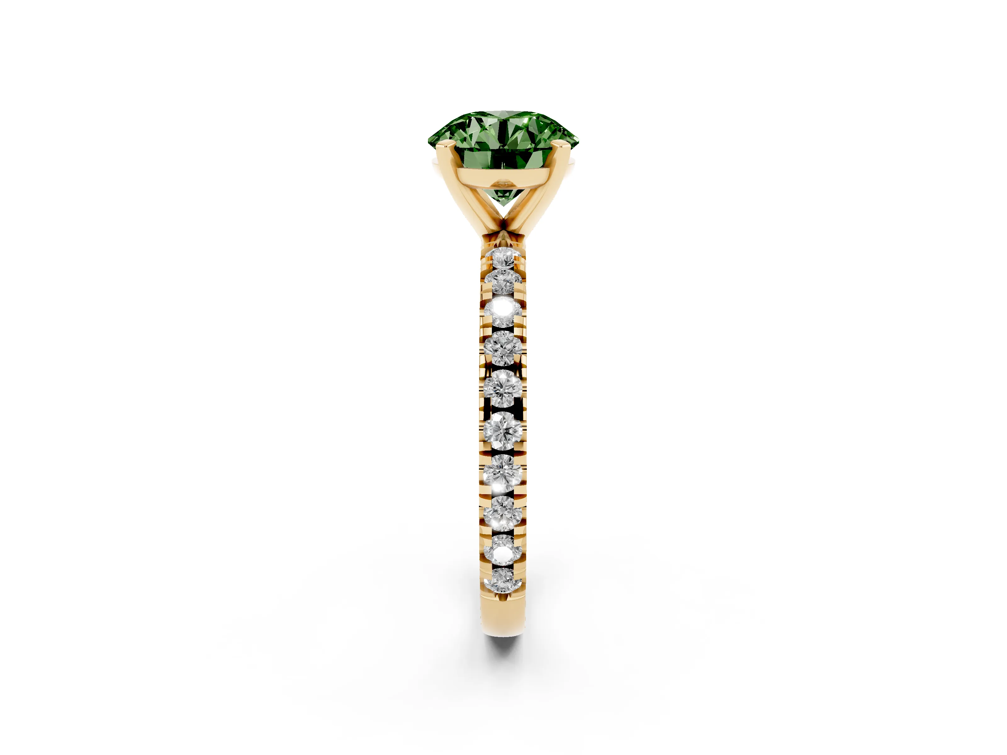 Fancy Green Round Cut Diamond Pavé Band Solitaire Set in Yellow gold with Prong Setting
