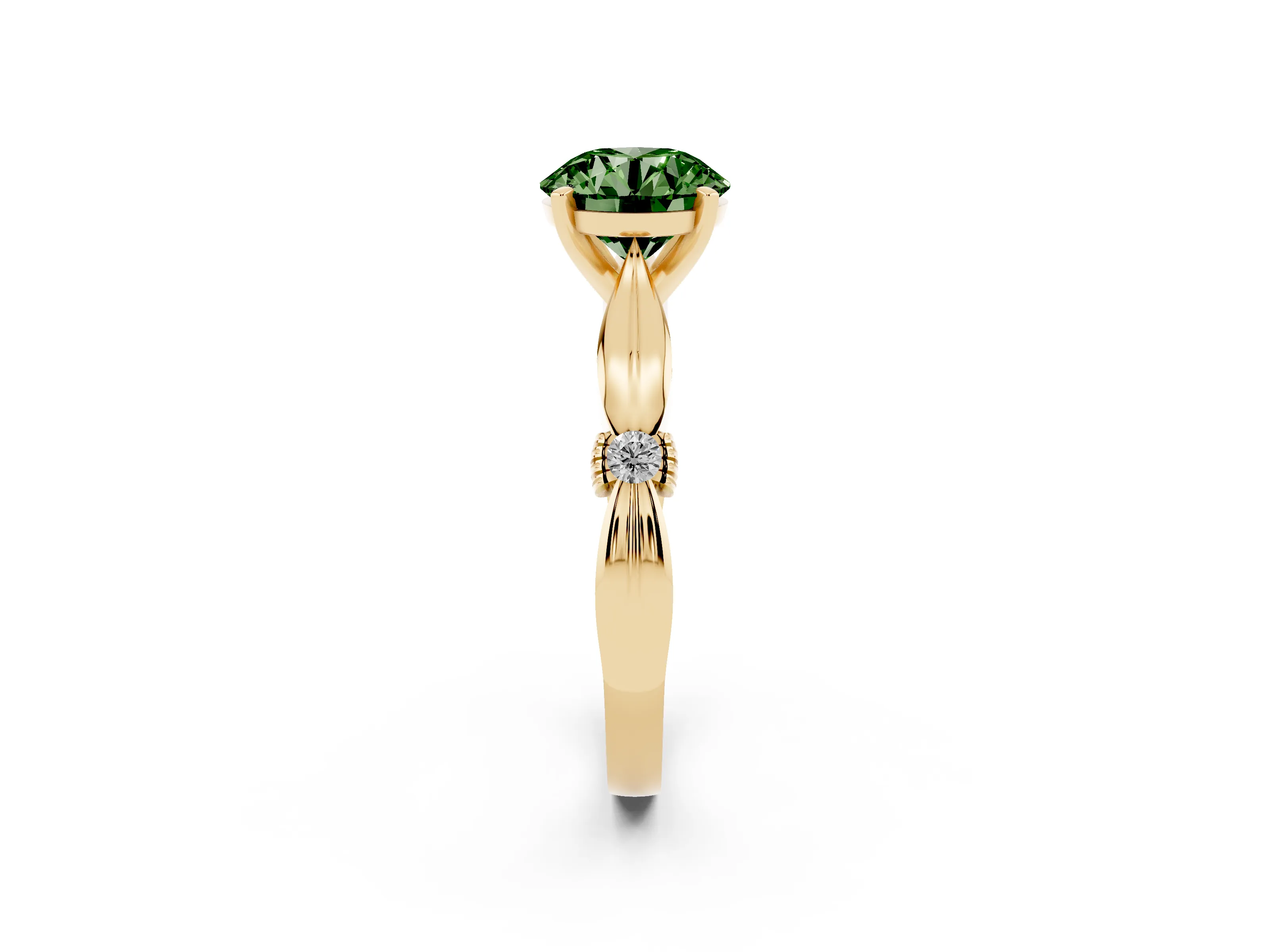 Fancy Green Round Cut Diamond Solitaire Twisted Band Ring Set in Yellow gold with Accent Stones and Prong Setting