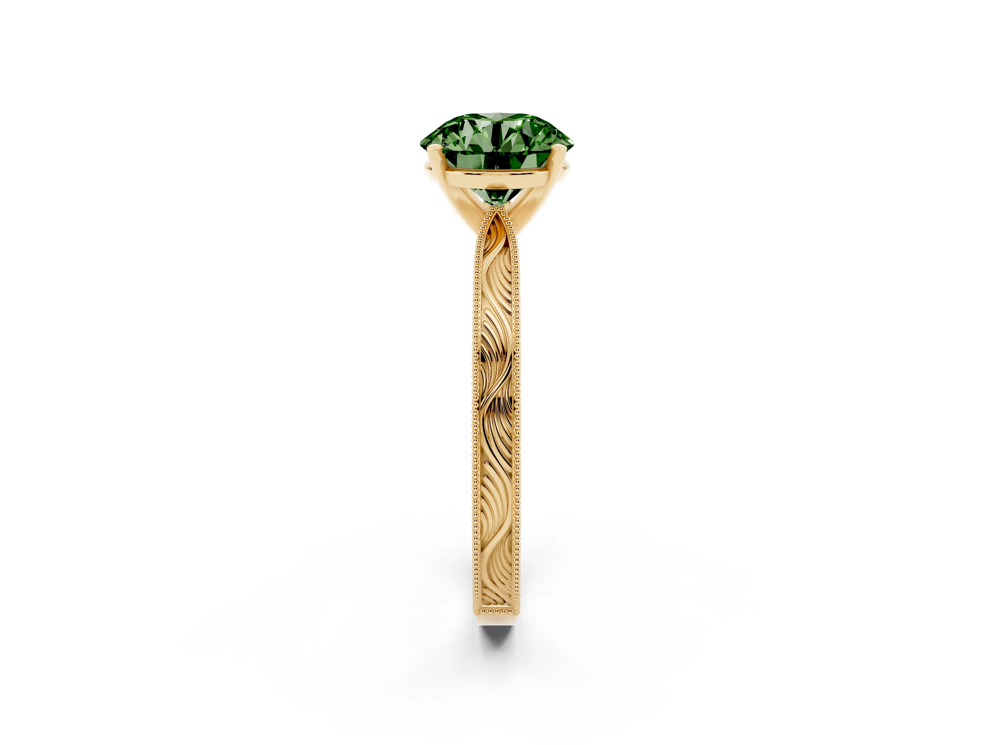 Fancy Green Round Cut Diamond Solitaire Milgrain Engraved Band Set in Yellow gold with Prong Setting