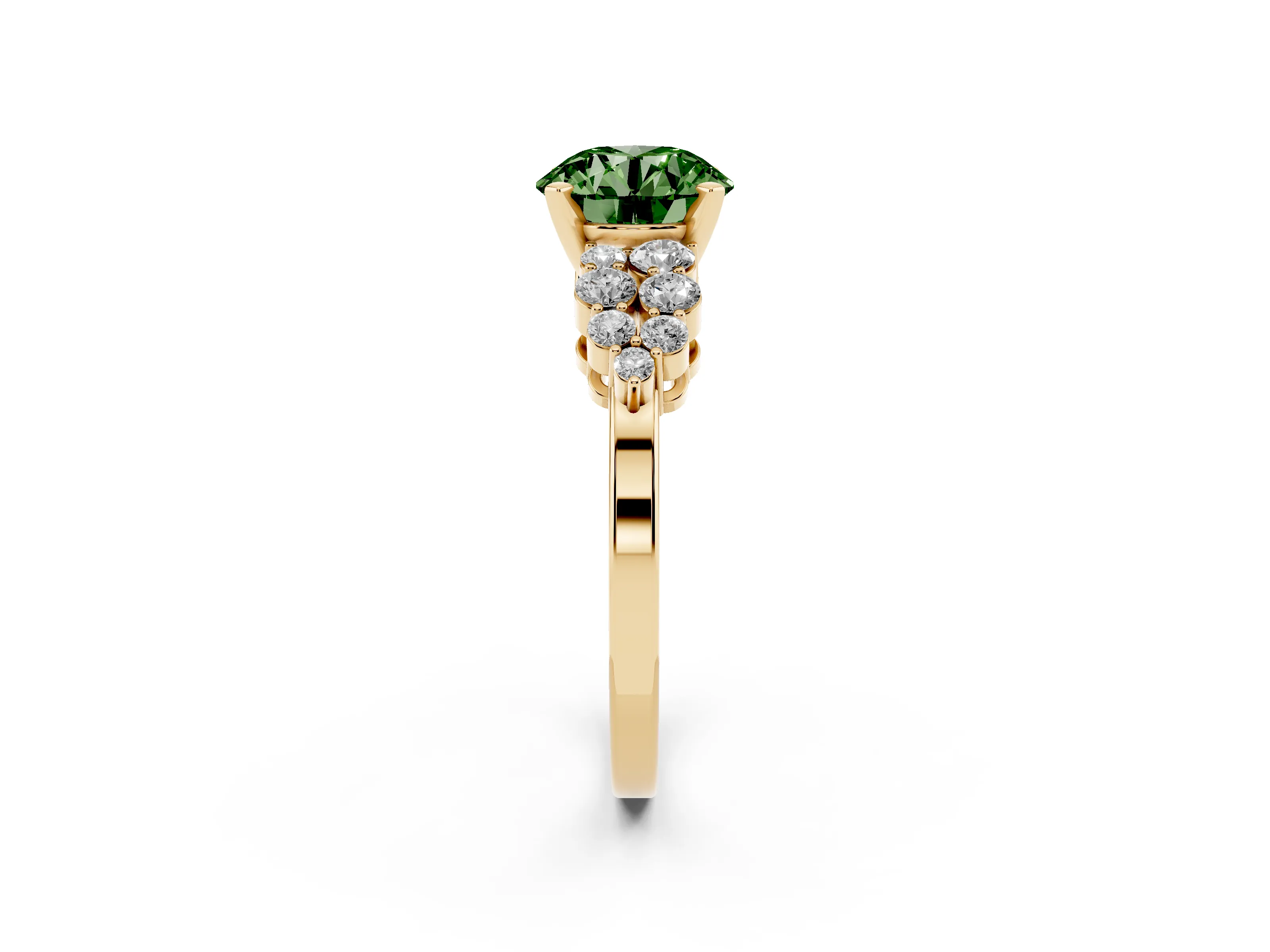 Fancy Green Round Cut Diamond Cluster Engagement Ring Set in Yellow gold with Pavé Band and Prong Setting