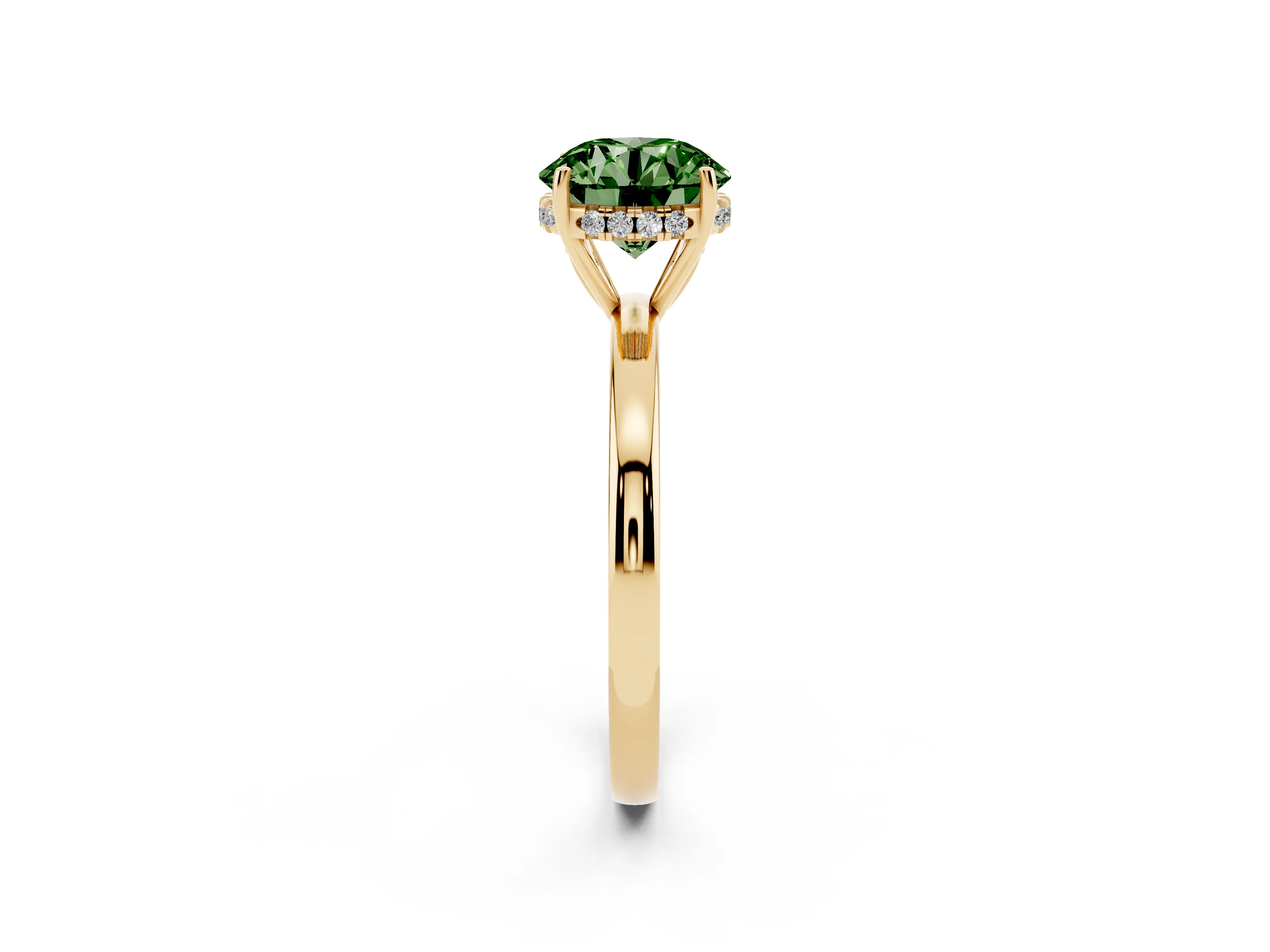 Fancy Green Round Cut Diamond Solitaire Ring Set in Yellow gold with Plain Band and Prong Setting