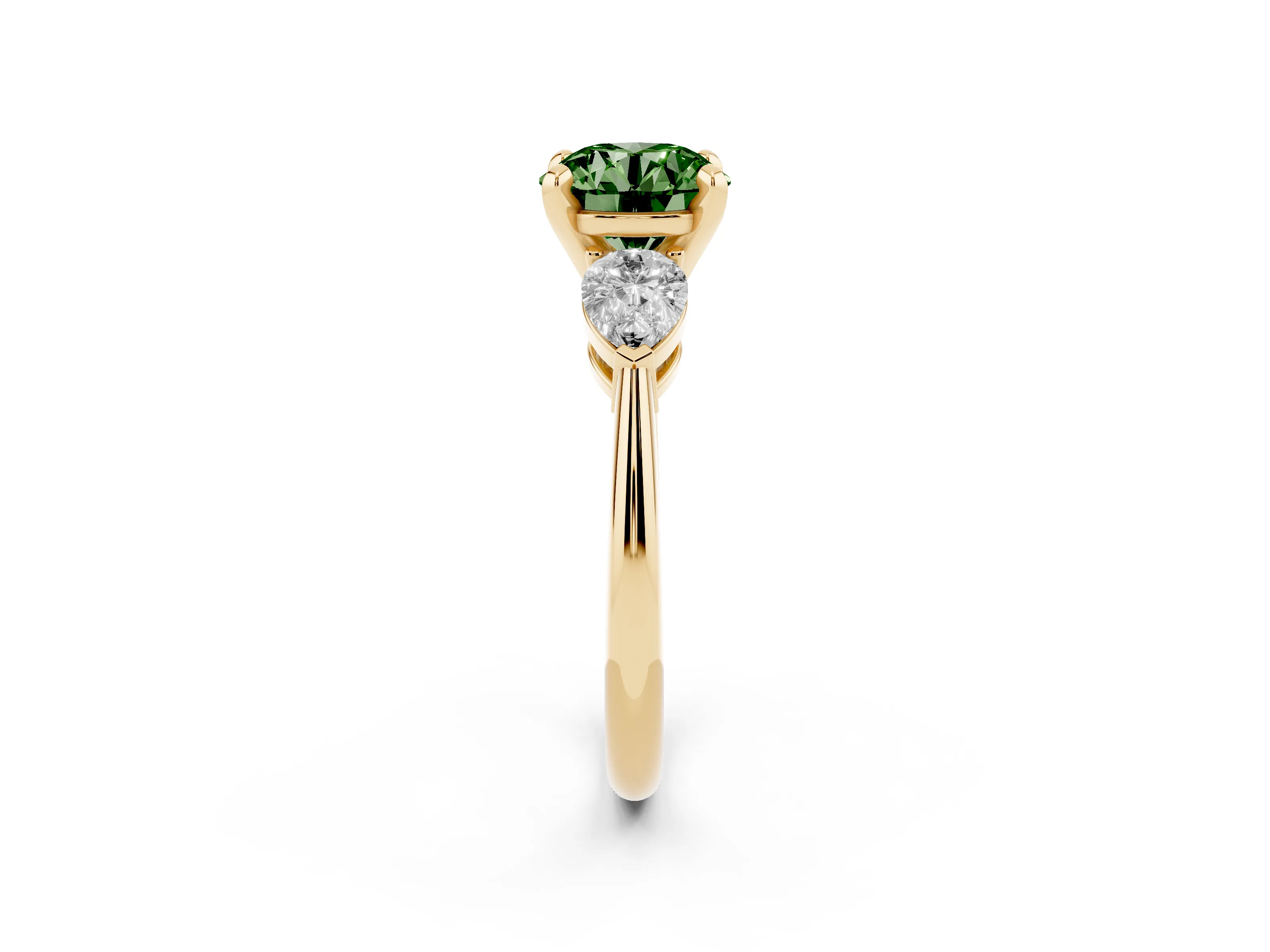 Fancy Green Three-Stone Round Cut Diamond Ring Set in Yellow gold with Pear Side Stones and Prong Setting