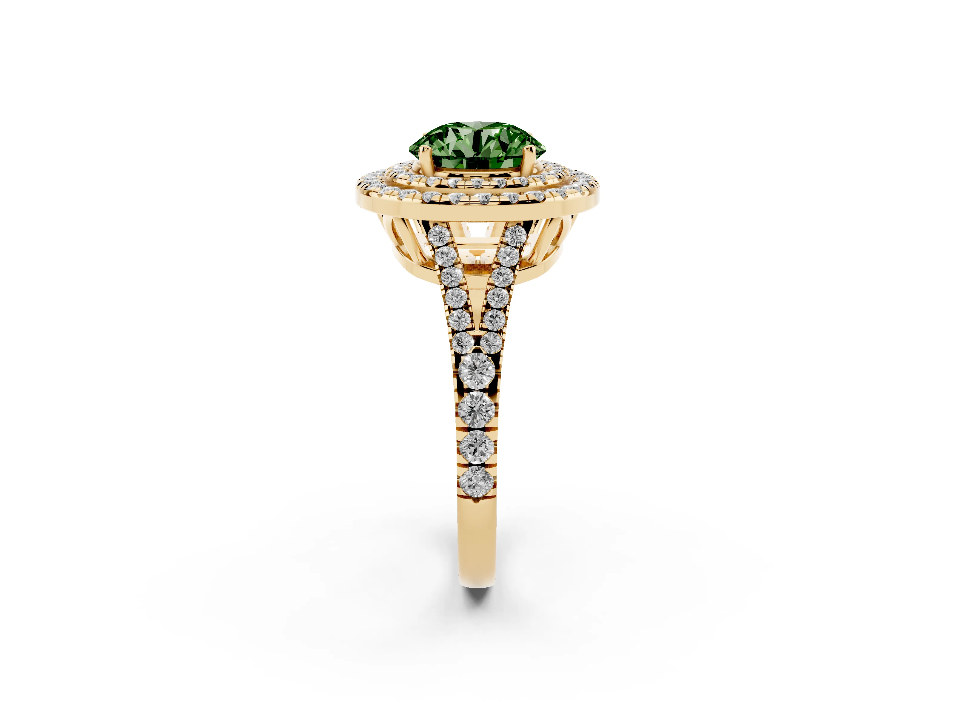 Fancy Green Round Cut Diamond Double Halo Ring Set in Yellow gold with Pavé Band