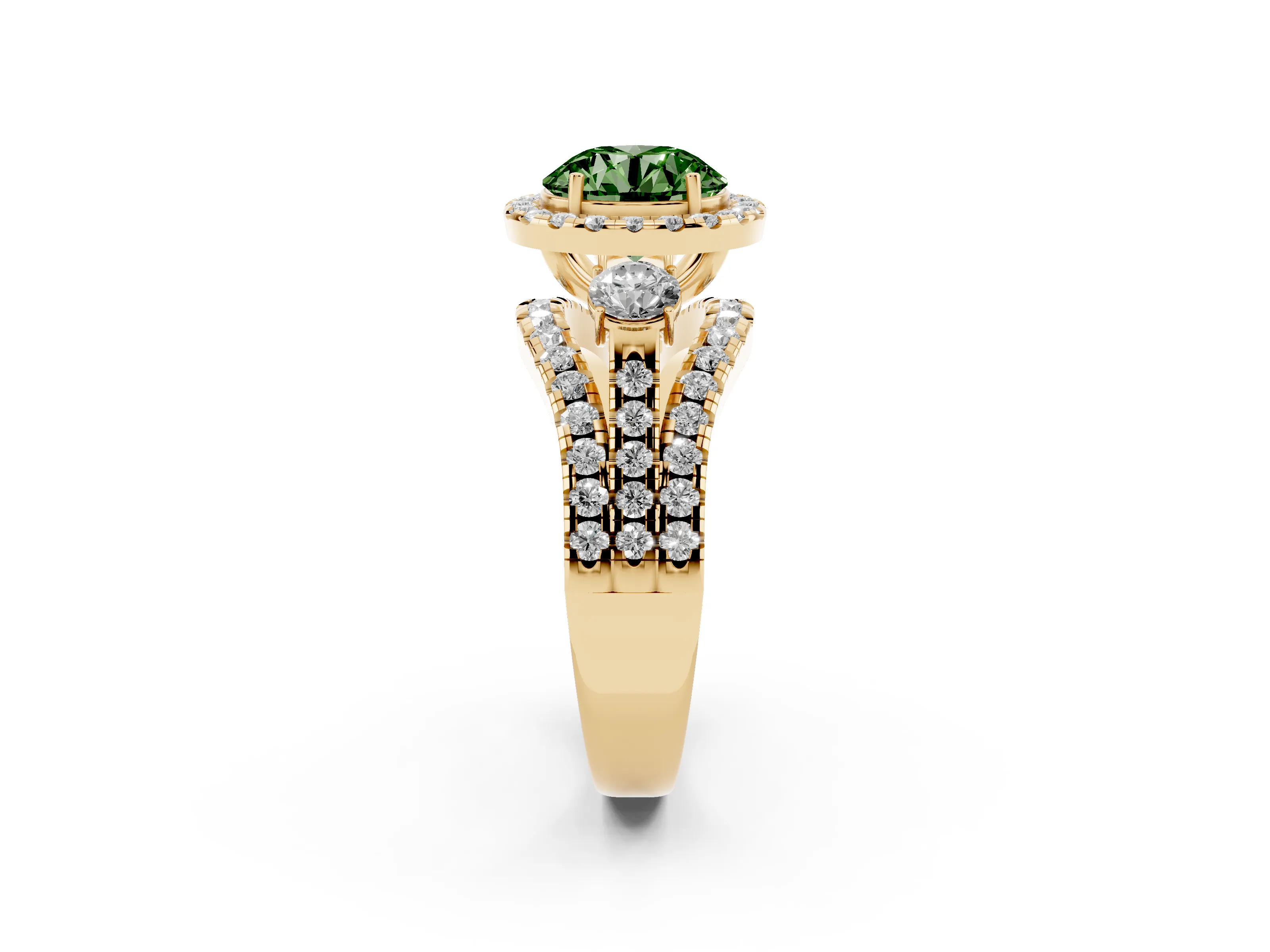 Fancy Green Round Cut Diamond Halo Split Shank Ring Set in Yellow gold with Round Accent Stones and Prong Setting