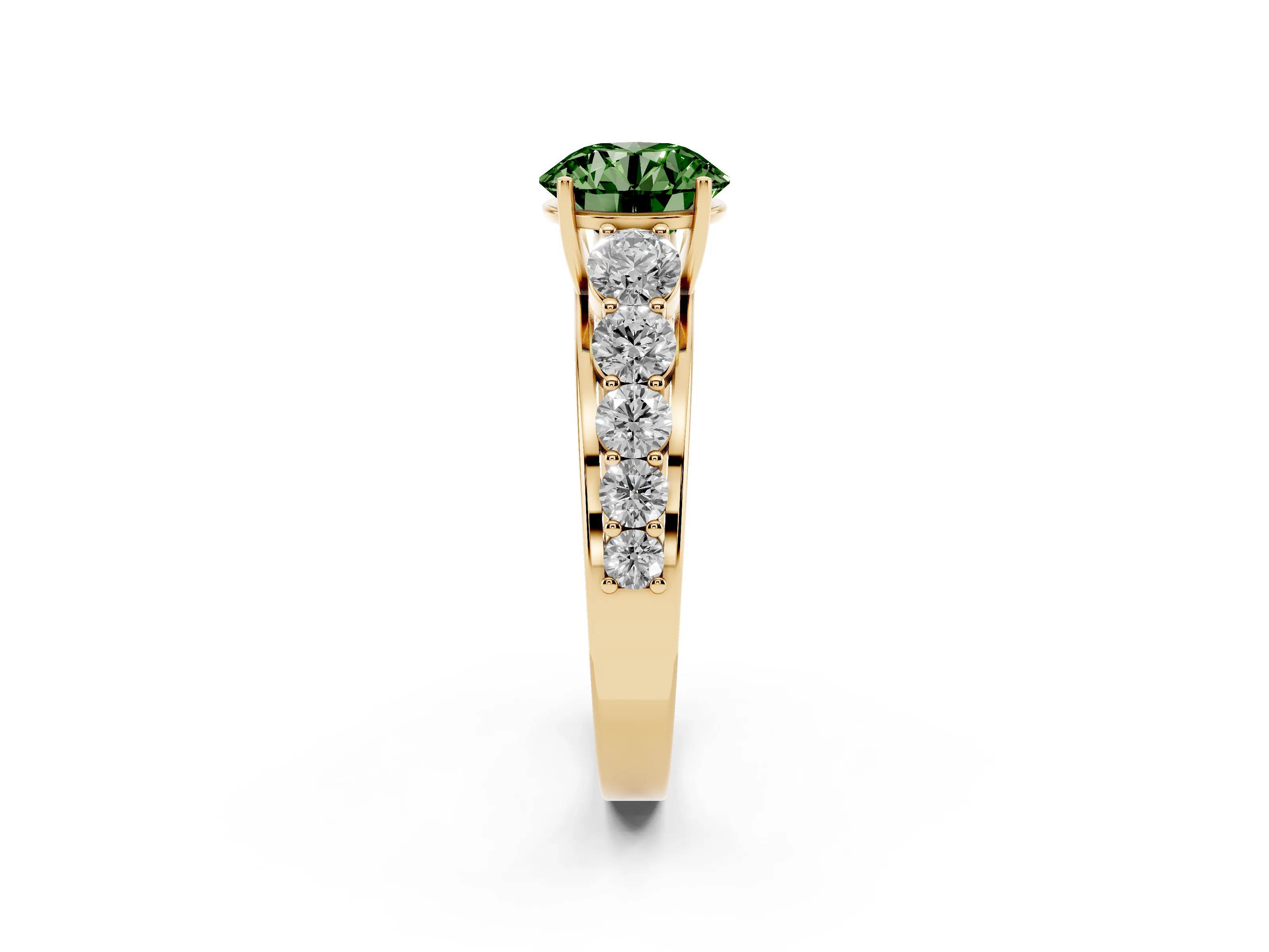 Fancy Green Round Cut Diamond Solitaire Ring Set in Yellow gold with Pavé-Set Band and Prong Setting