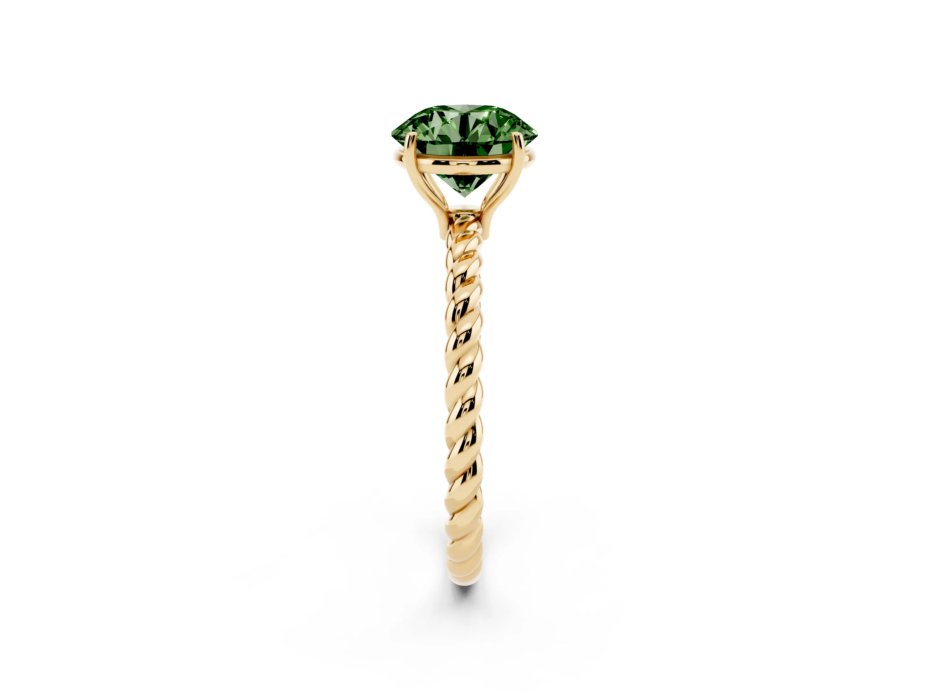 Fancy Green Round Cut Diamond Solitaire Ring Set in Yellow gold with Twist Band and Prong Setting