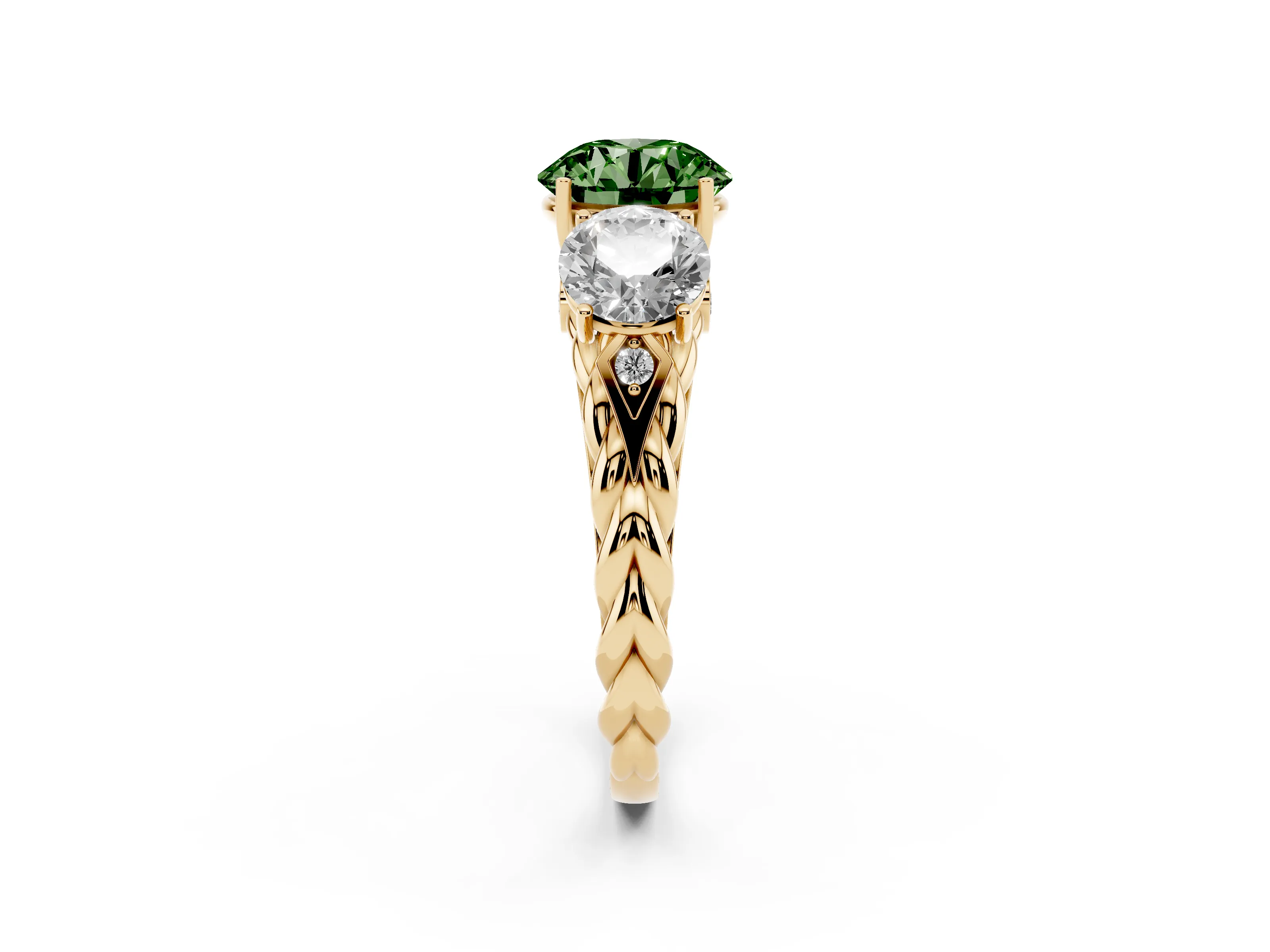 Fancy Green Round Cut Diamond Three-Stone Ring Set in Yellow gold with Braided Band
