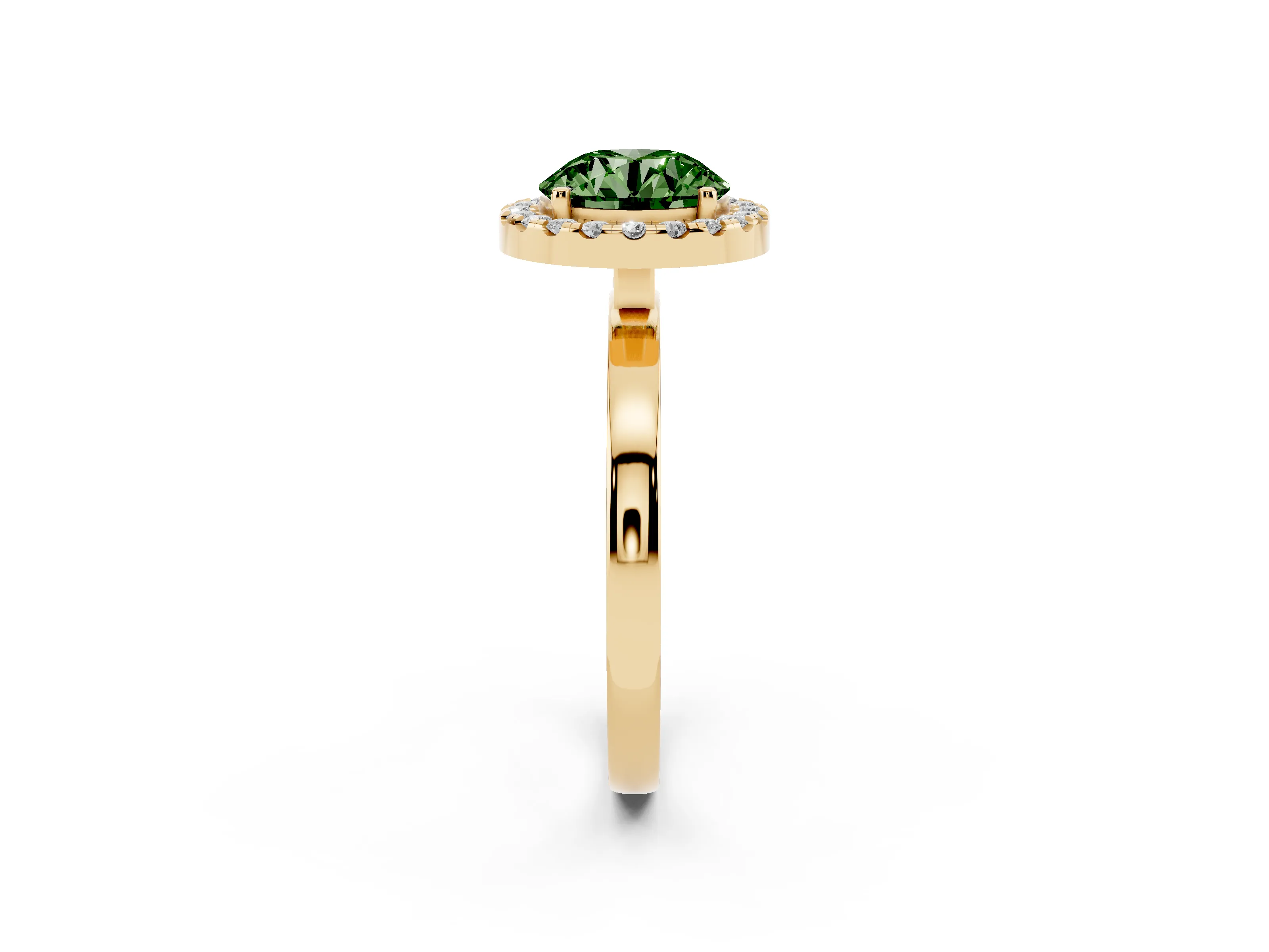 Fancy Green Round Cut Diamond Halo Solitaire Ring Set in Yellow gold with Pavé Band and Prong Setting