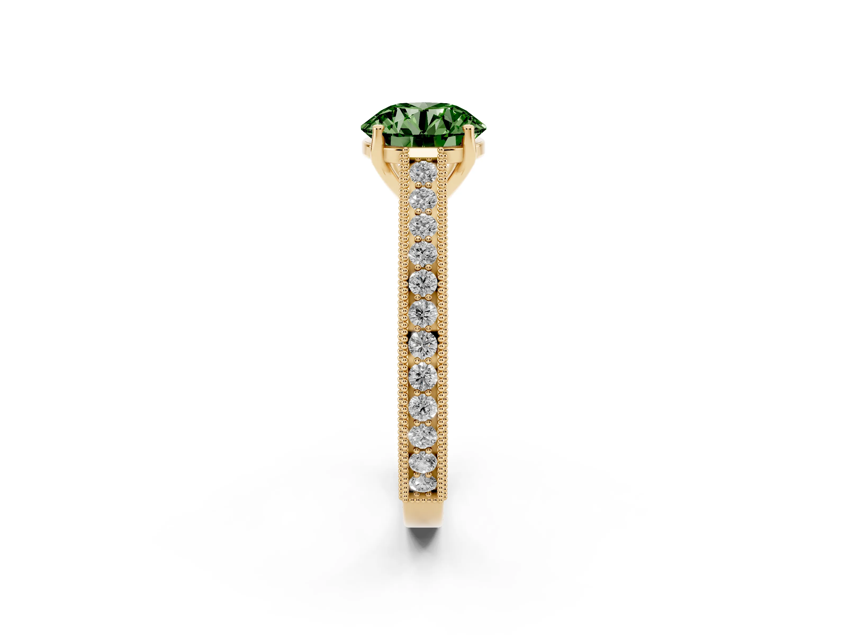 Fancy Green Round Cut Diamond Milgrain Pavé Band Solitaire Ring Set in Yellow gold with Prong Setting