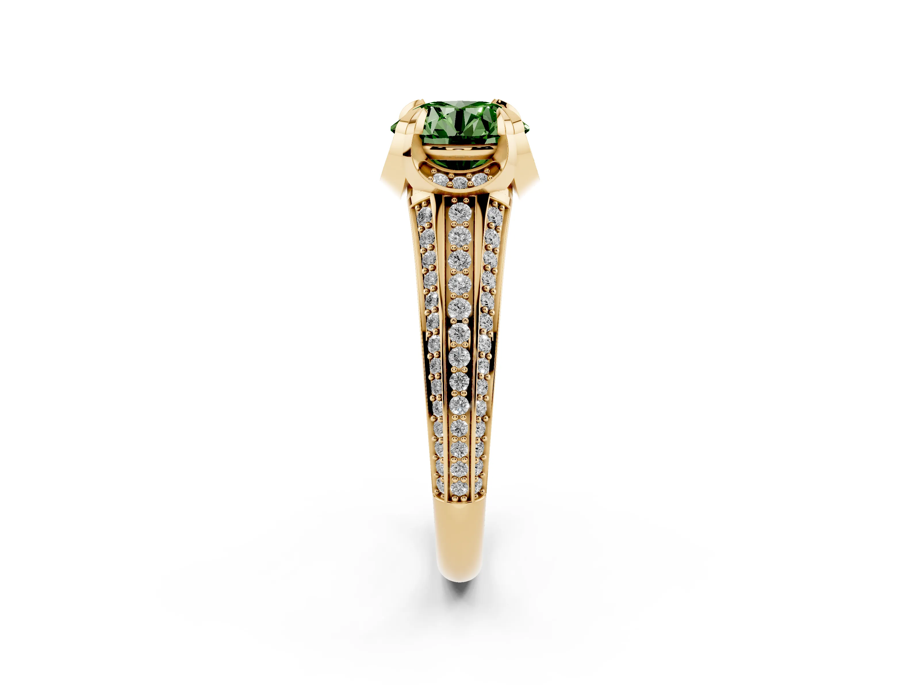 Fancy Green Round Cut Diamond Pavé Split Shank Solitaire Ring Set in Yellow gold with Prong Setting