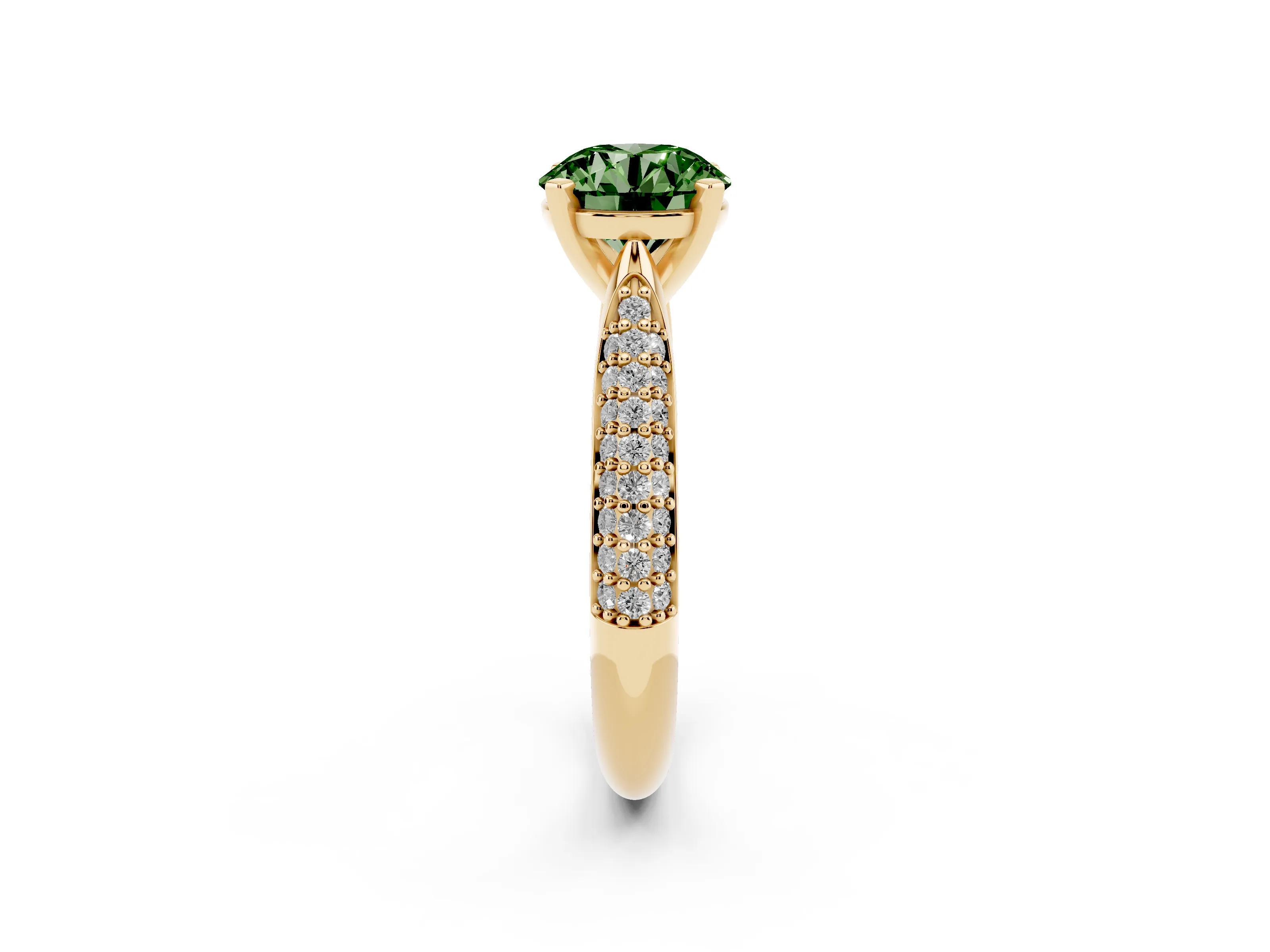 Fancy Green Round Cut Diamond Solitaire Engagement Ring Set in Yellow gold with Multi-Row Round Pavé Band and Prong Setting