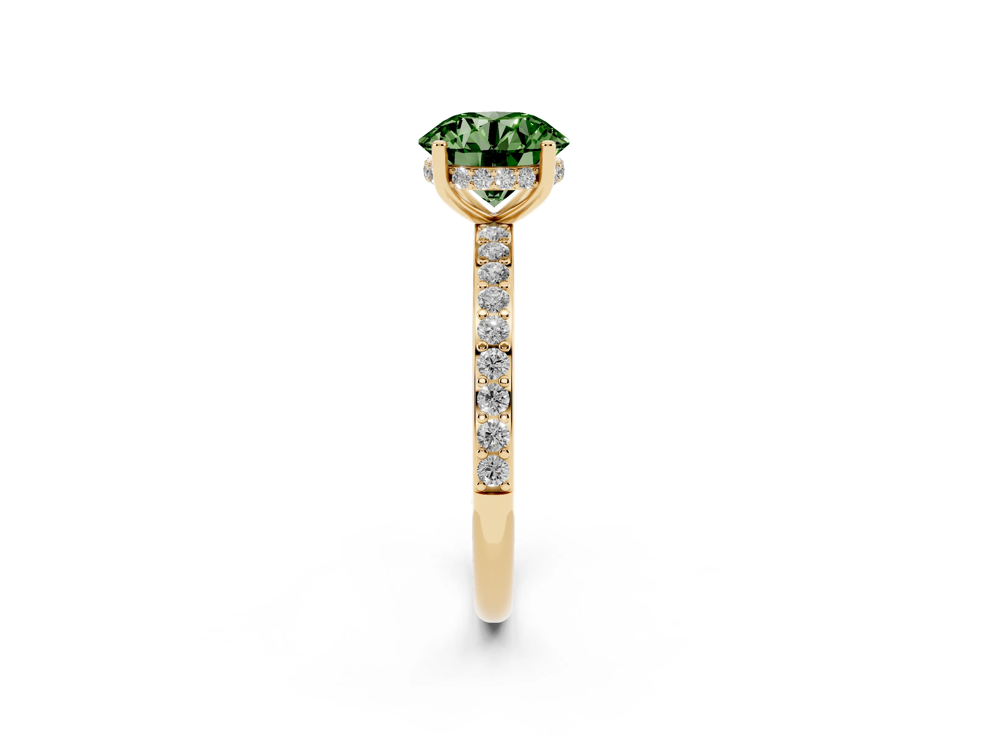 Fancy Green Round Cut Diamond Pavé Band Ring Set in Yellow gold with Prong-Set Center Stone