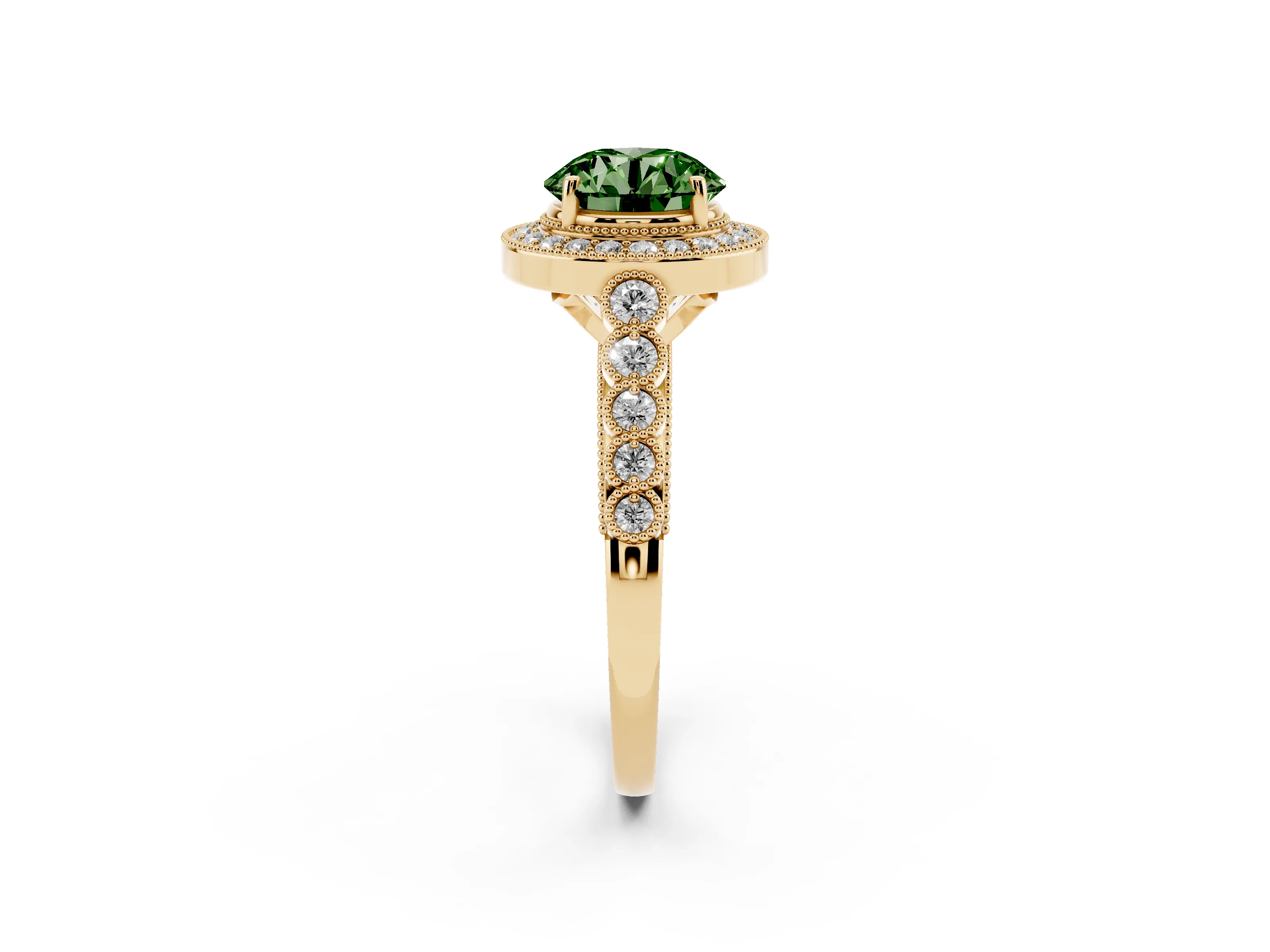 Fancy Green Round Cut Diamond Milgrain Halo Solitaire Ring Set in Yellow gold with Bezel Set Side Stones and Pavé Band