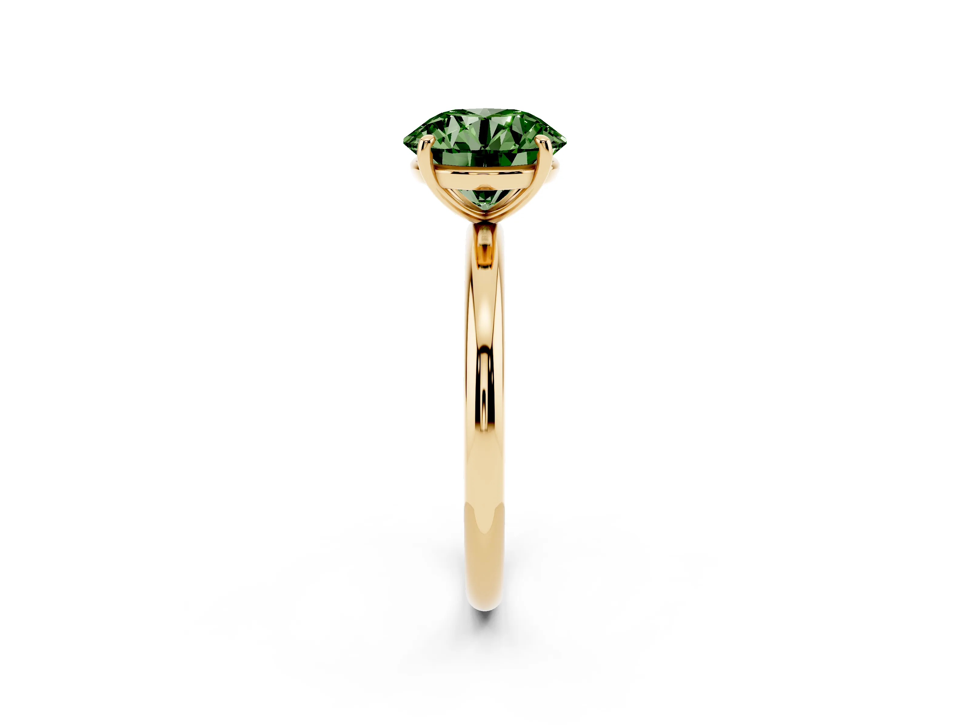 Fancy Green Round Cut Diamond Solitaire Ring Set in Yellow gold with Prong Setting on a Polished Plain Band
