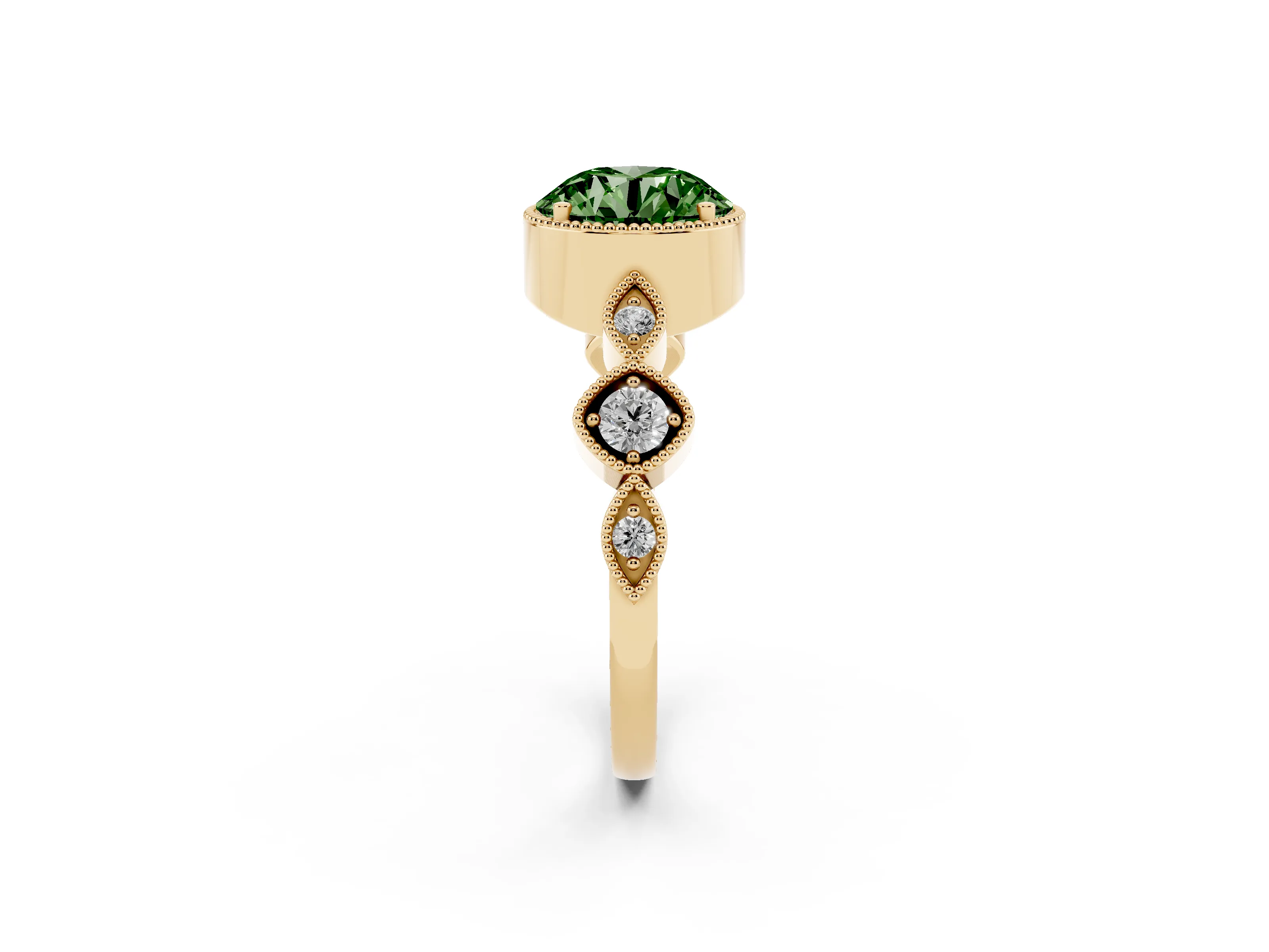 Fancy Green Round Cut Diamond Vintage-Inspired Milgrain Ring Set in Yellow gold with Marquise Stations of Round Accents