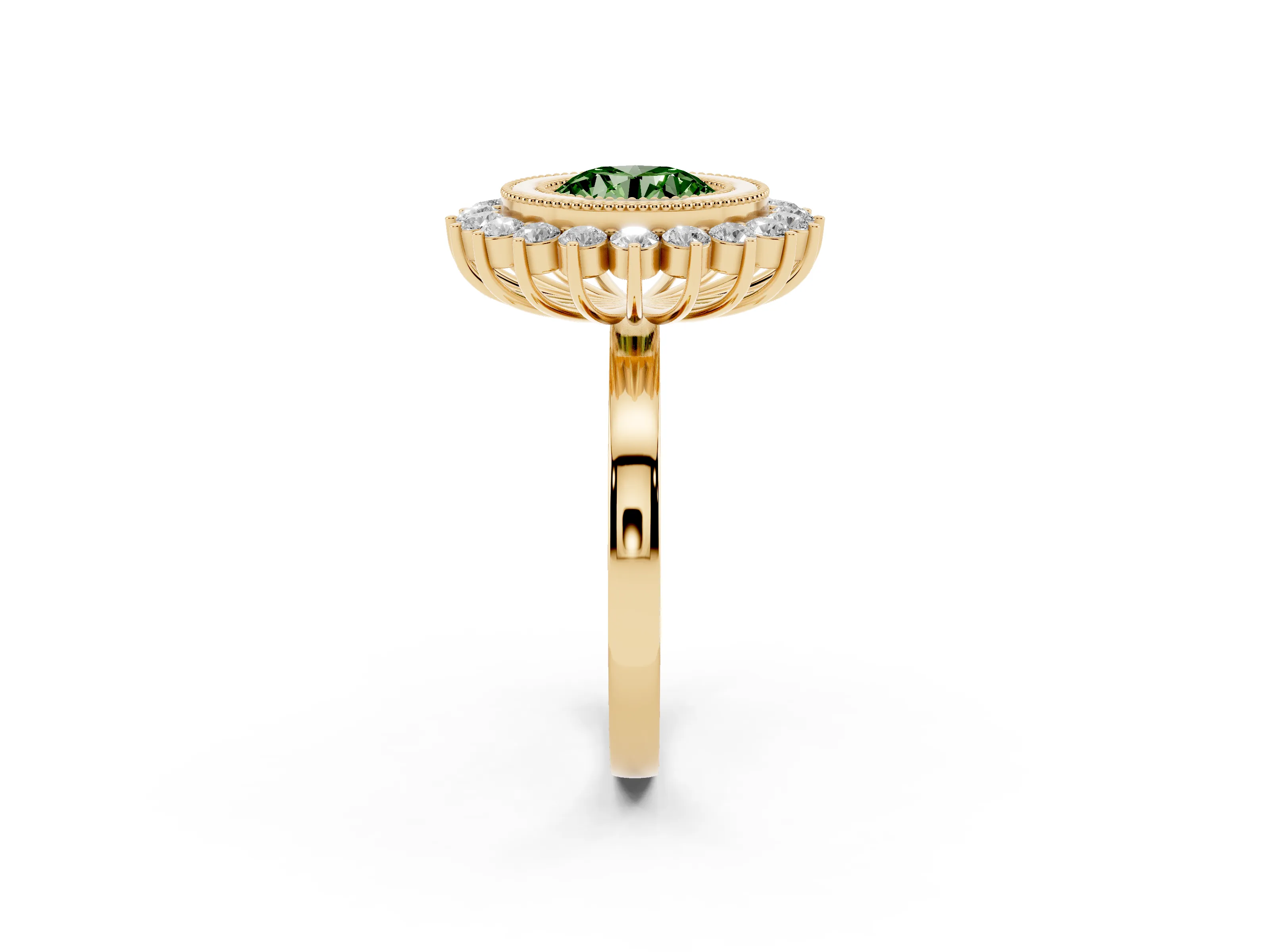 Fancy Green Round Cut Diamond Halo Ring Set in Yellow gold with Milgrain Edge and Round Prong Setting