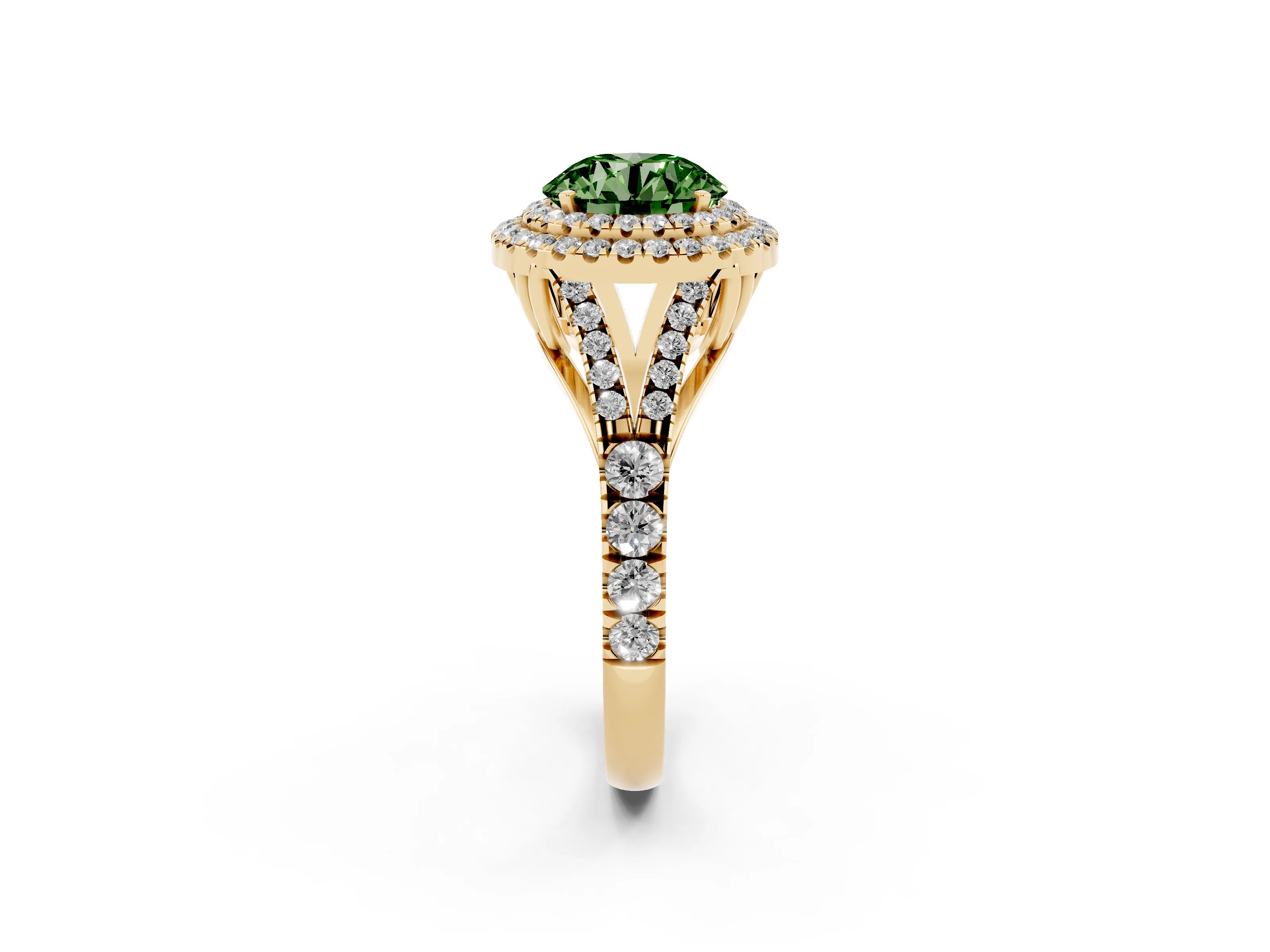 Fancy Green Round Cut Diamond Pavé Split Shank Double Halo Engagement Ring Set in Yellow gold