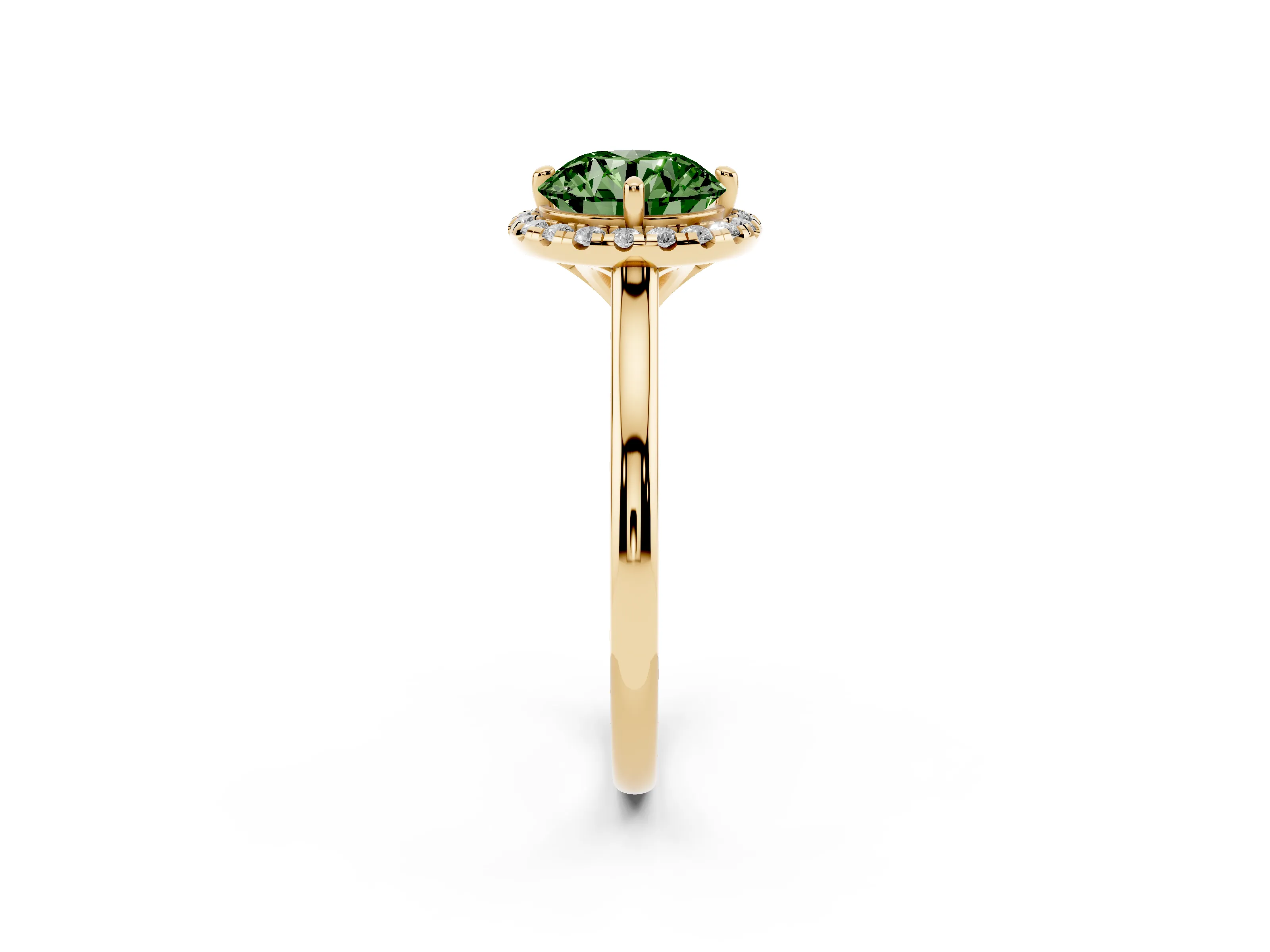 Fancy Green Round Cut Diamond Halo Engagement Ring Set in Yellow gold with Pavé Band and Rising Shoulders