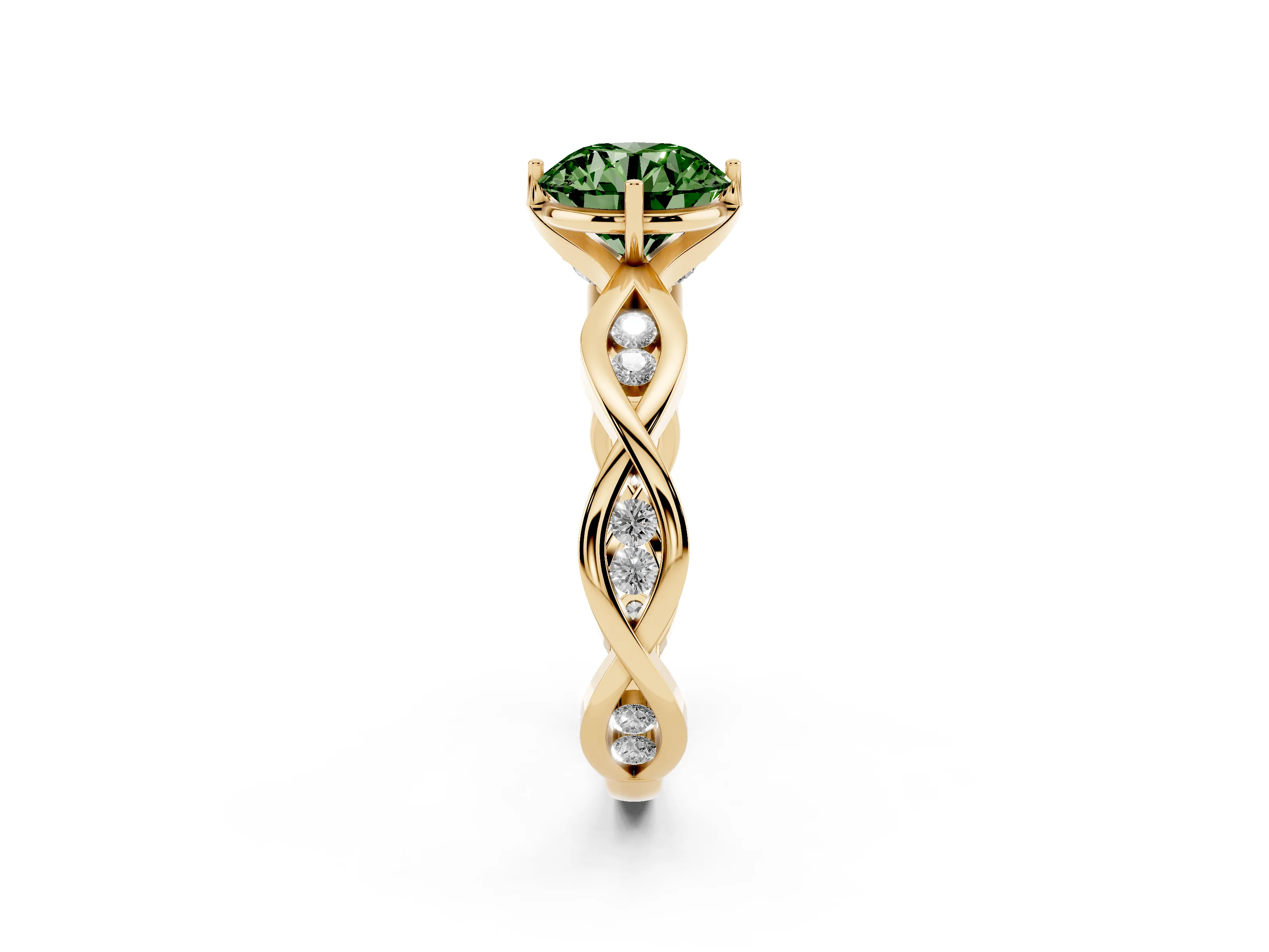 Fancy Green Round Cut Diamond Twist Band Solitaire Ring Set in Yellow gold with Leaf Prong Setting and Accent Stones