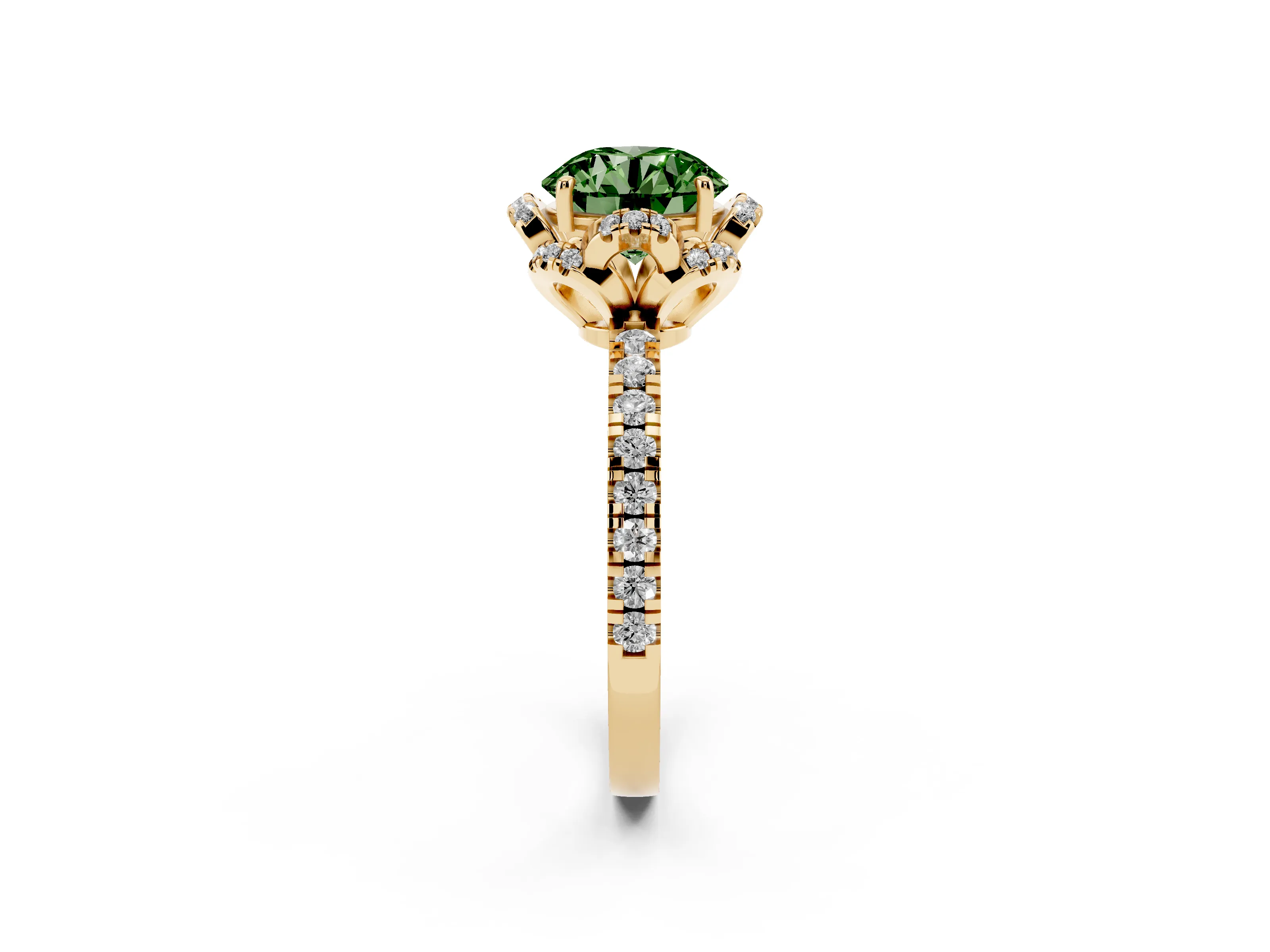 Fancy Green Round Cut Diamond Halo Pavé Band Ring Set in Yellow gold with Prong-Held Center