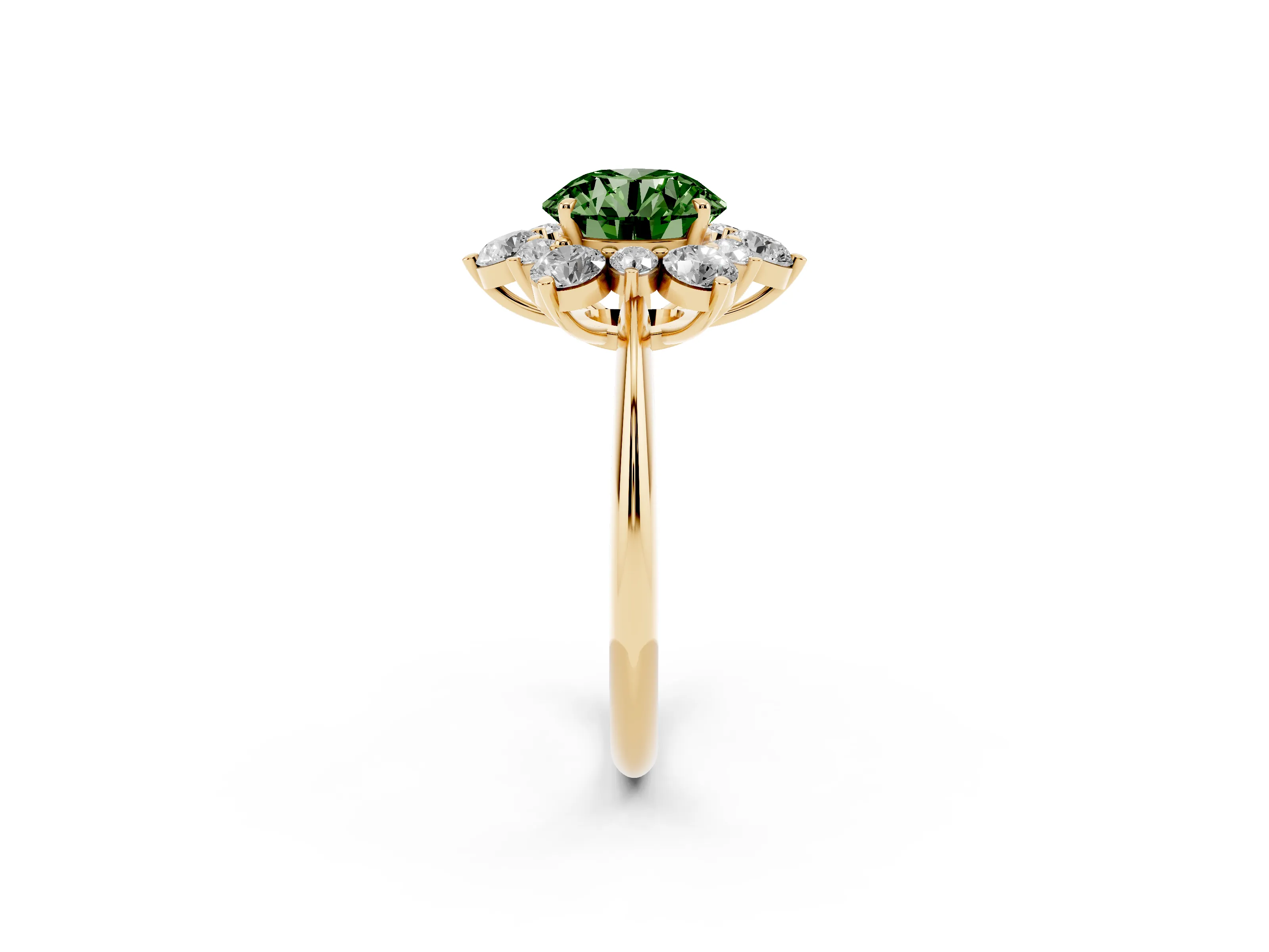Fancy Green Round Cut Diamond Cluster Halo Ring Set in Yellow gold with Solitaire Band and Prong Setting
