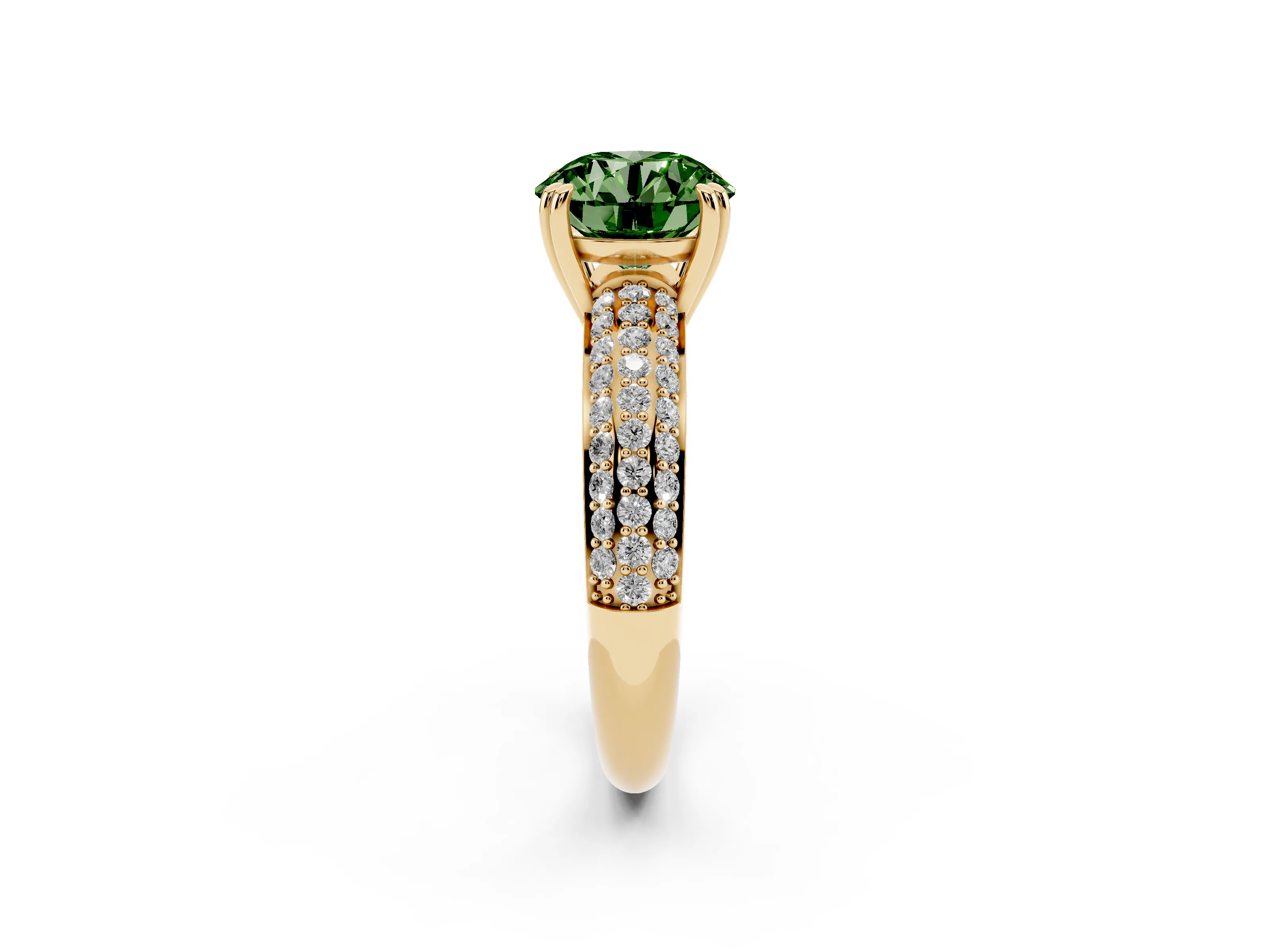 Fancy Green Round Cut Diamond Solitaire Ring Set in Yellow gold with Multi-Row Round Pavé Band and Prong Setting