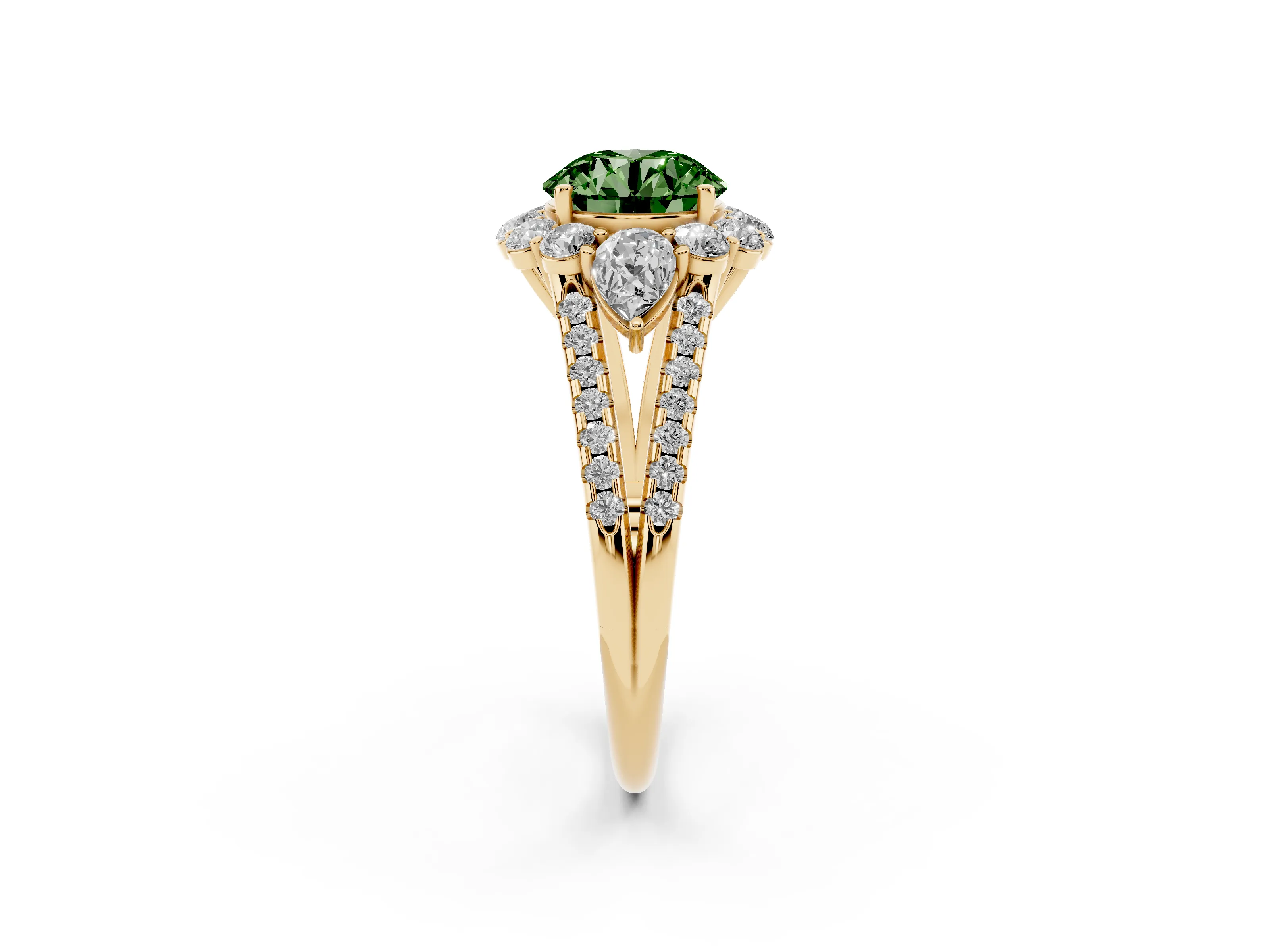 Fancy Green Round Cut Diamond Halo Split Shank Engagement Ring Set in Yellow gold with Prong-Held Center Stone