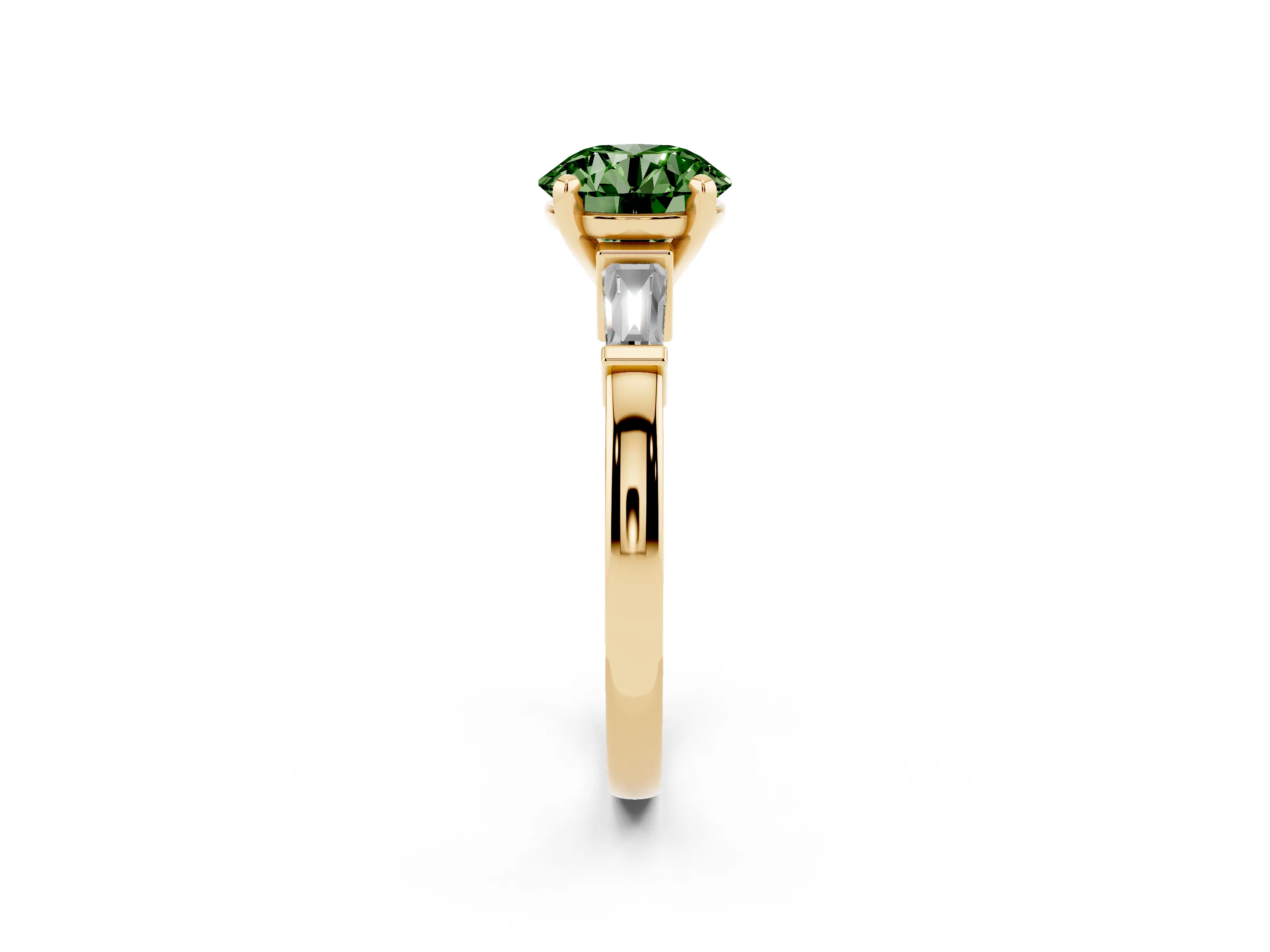 Fancy Green Round Cut Diamond Solitaire Ring Set in Yellow gold with Tapered Baguette Accents and Prong Setting