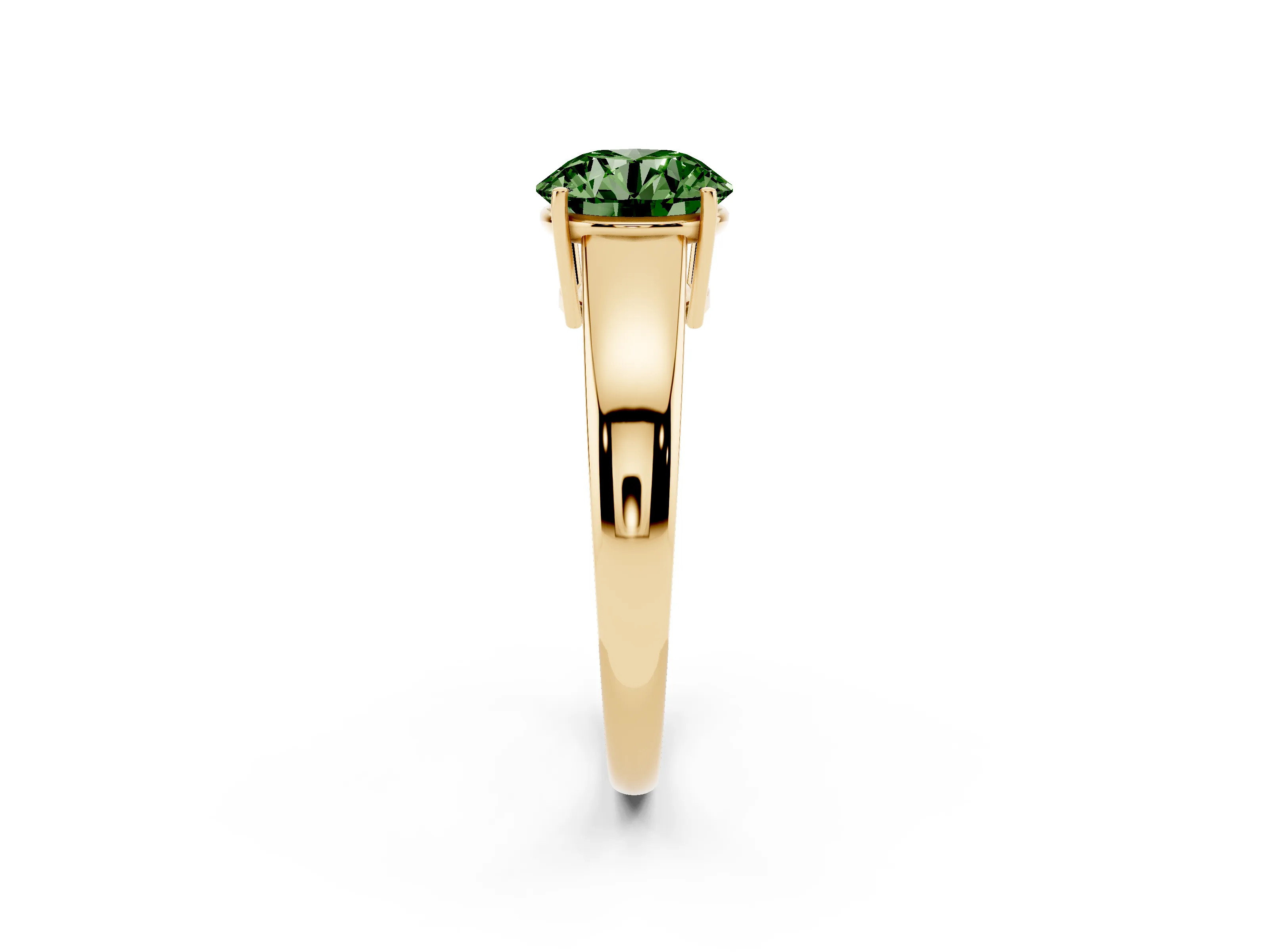 Fancy Green Round Cut Diamond Solitaire Ring Set in Yellow gold with Tapered Band and Prong Setting
