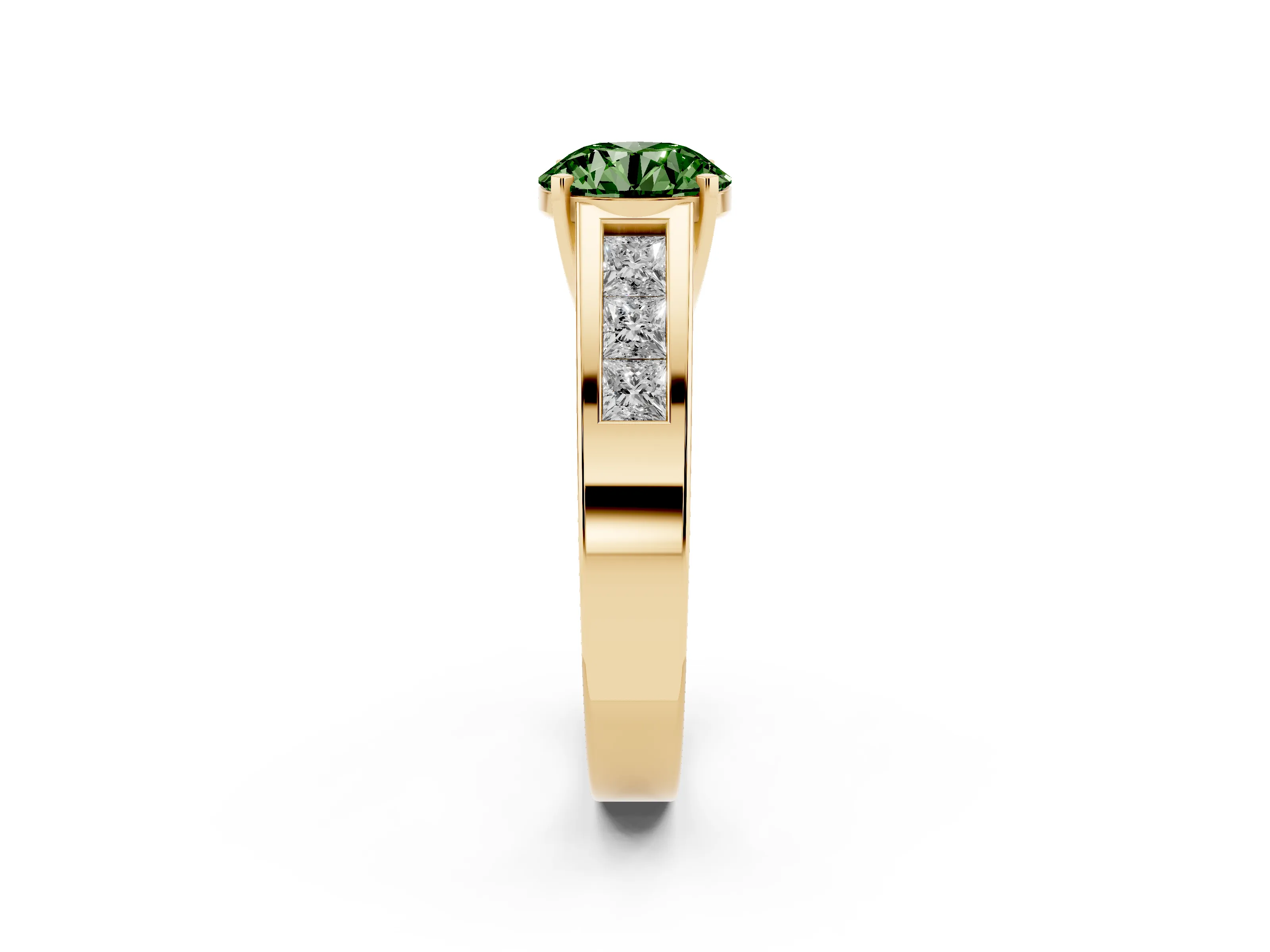 Fancy Green Round Cut Diamond Solitaire Ring Set in Yellow gold with Channel-Set Accent Stones and Prong Setting