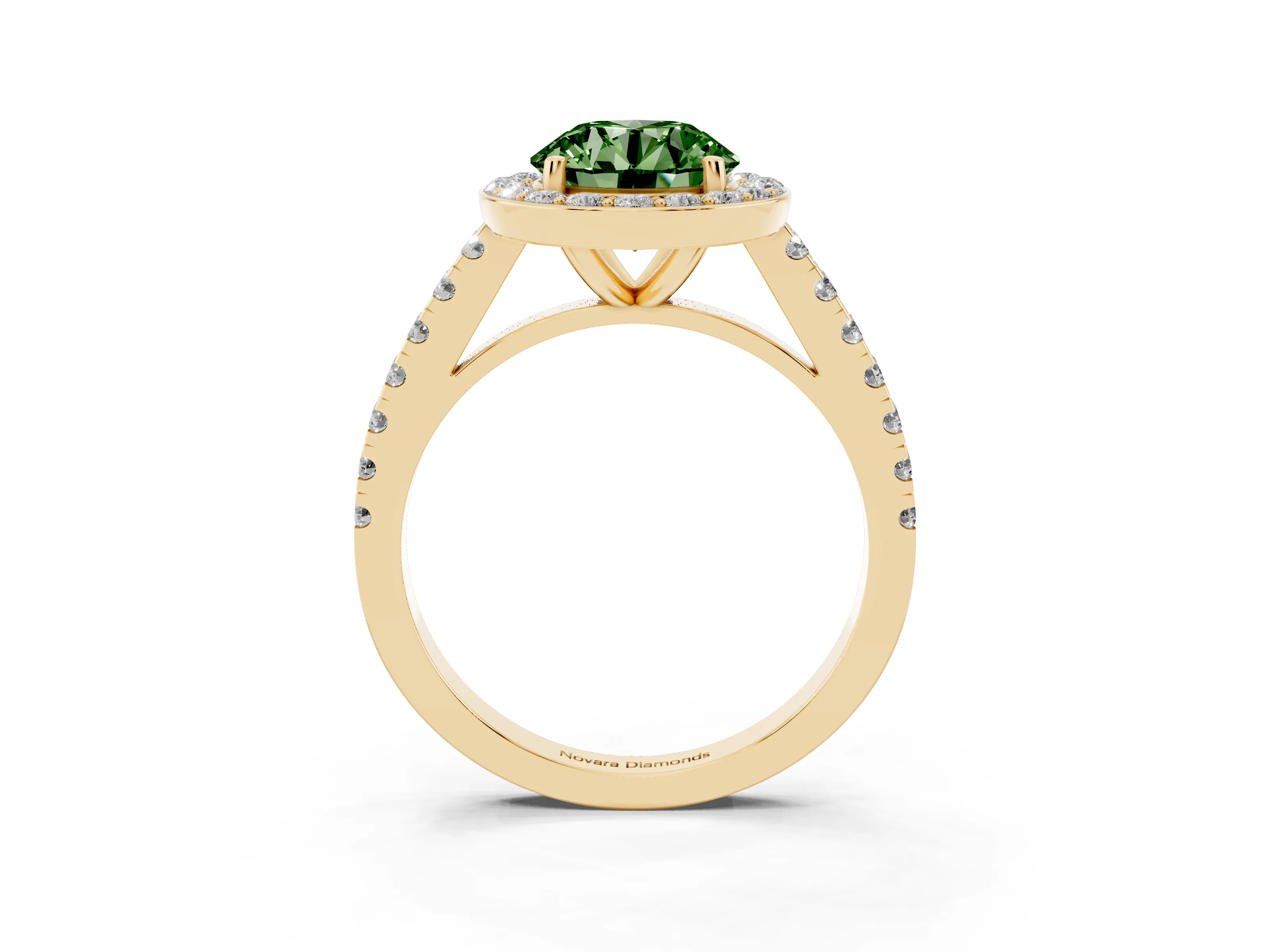 Fancy Green Round Cut Diamond Halo Ring Set in Yellow gold with Round Pavé Split Shank and Prong Setting