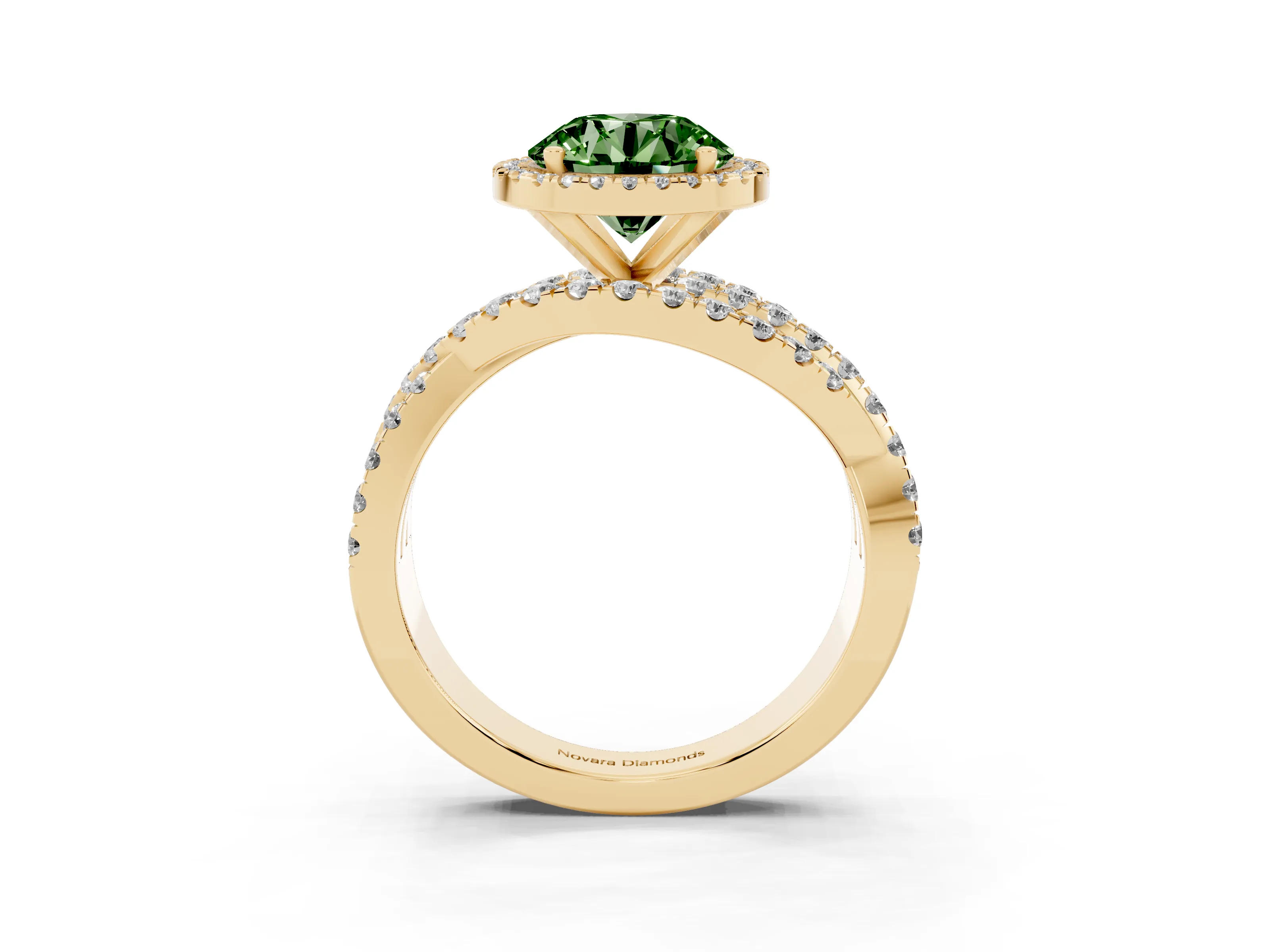 Fancy Green Round Cut Diamond Halo Ring Set in Yellow gold with Round Crossover Split Shank and Prong Setting
