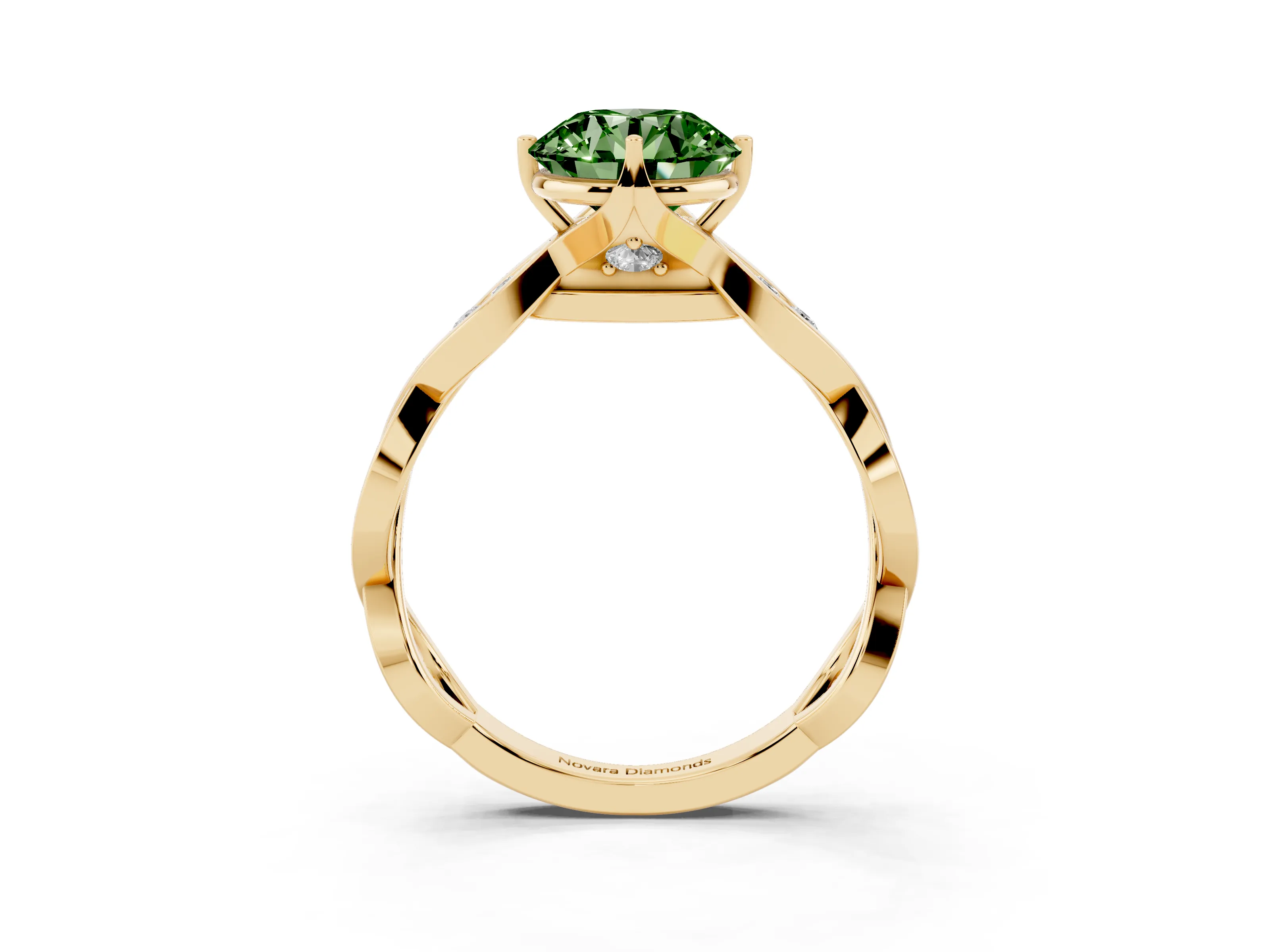 Fancy Green Round Cut Diamond Twist Band Solitaire Ring Set in Yellow gold with Leaf Prong Setting and Accent Stones