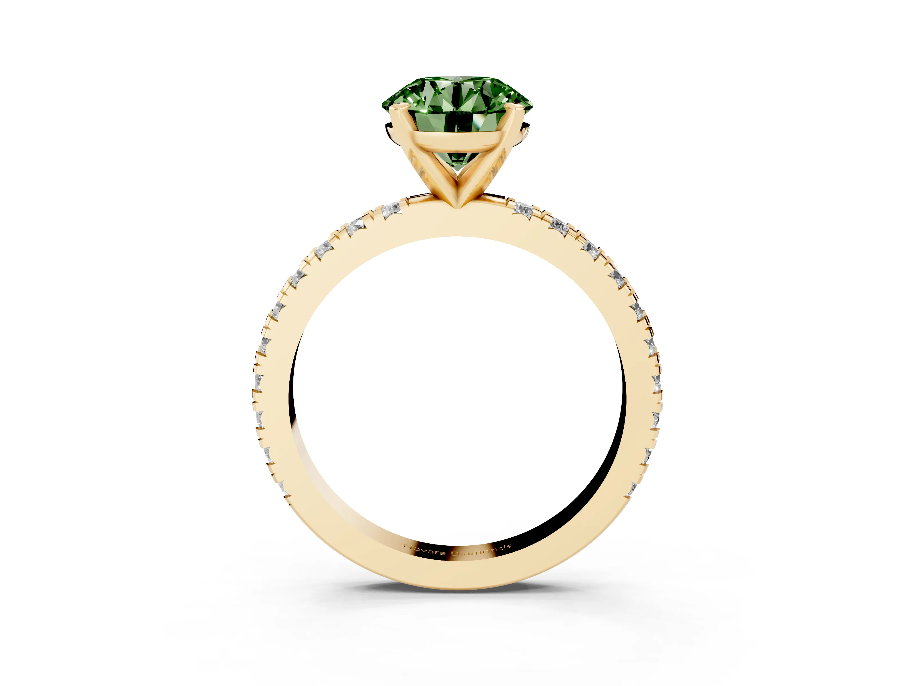 Fancy Green Round Cut Diamond Pavé Band Solitaire Set in Yellow gold with Prong Setting