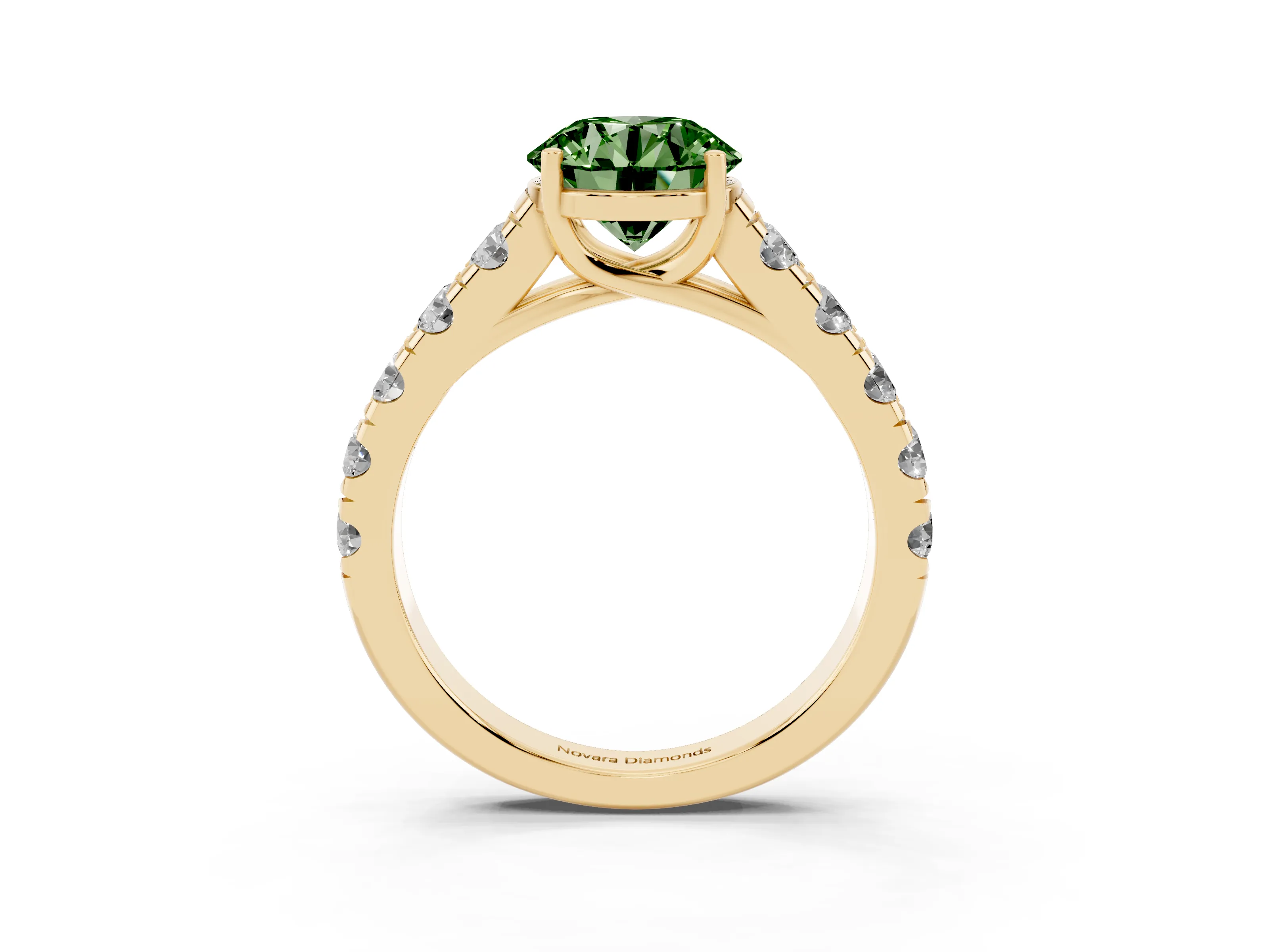 Fancy Green Round Cut Diamond Solitaire Ring Set in Yellow gold with Cut-Down Micro Pavé Band and Prong Setting