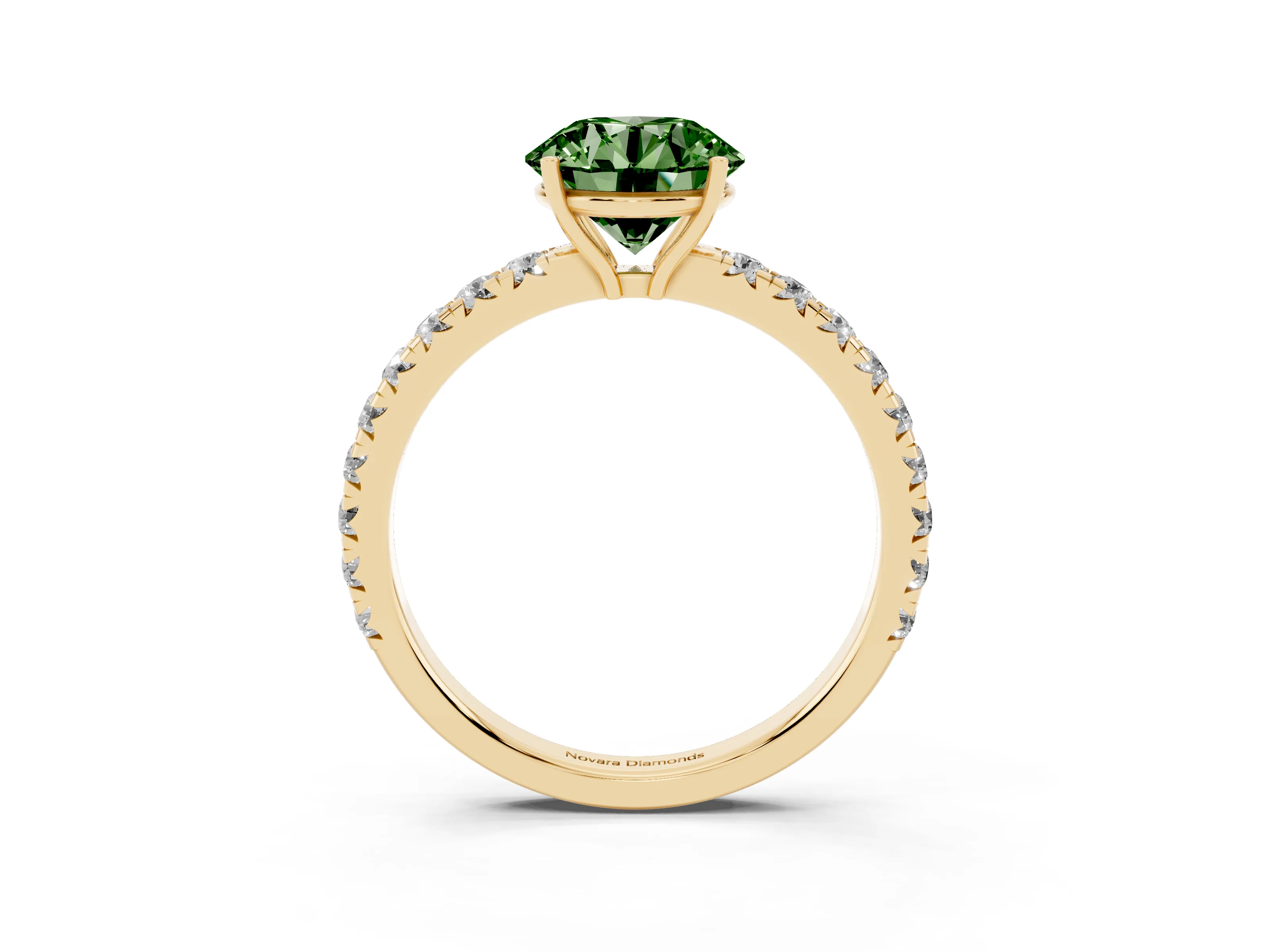 Fancy Green Round Cut Diamond Pavé Solitaire Engagement Ring Set in Yellow gold with Prong Setting