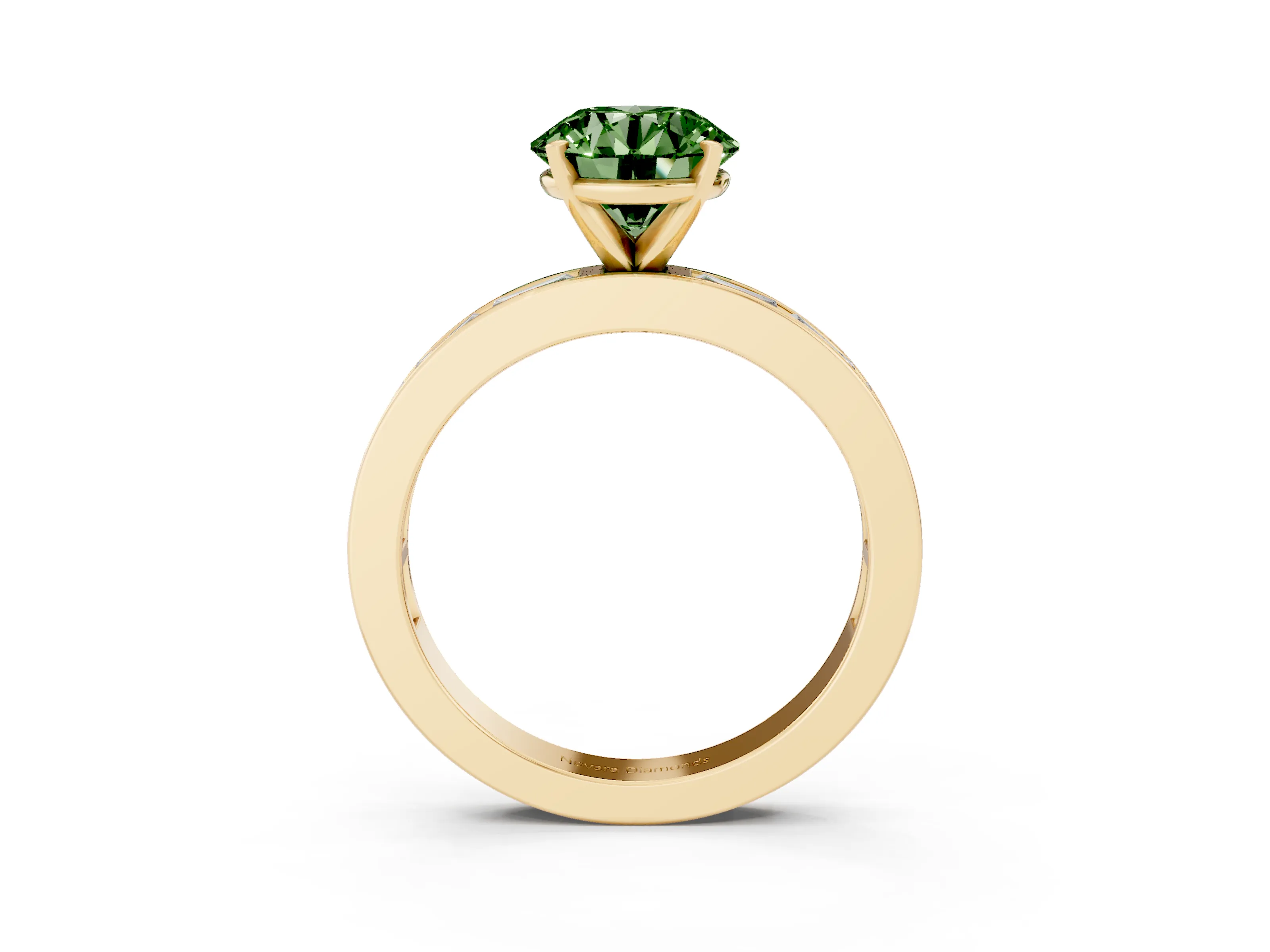 Fancy Green Round Cut Diamond Solitaire Ring Set in Yellow gold with Channel-Set Baguette Band and Prong Setting