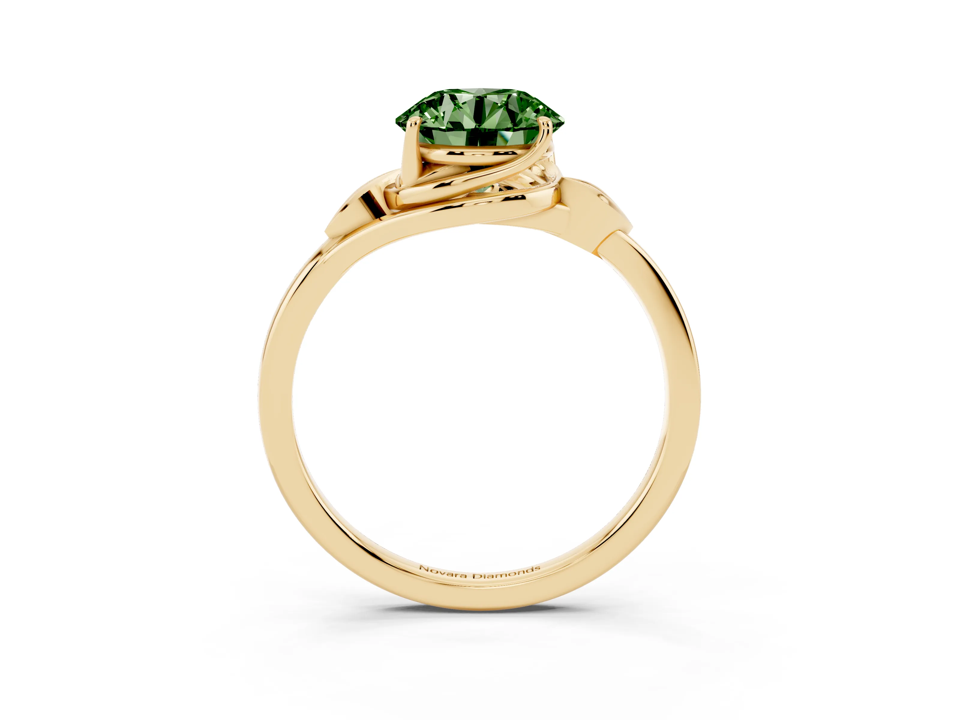 Fancy Green Round Cut Diamond Solitaire Ring Set in Yellow gold with Polished Twist Band