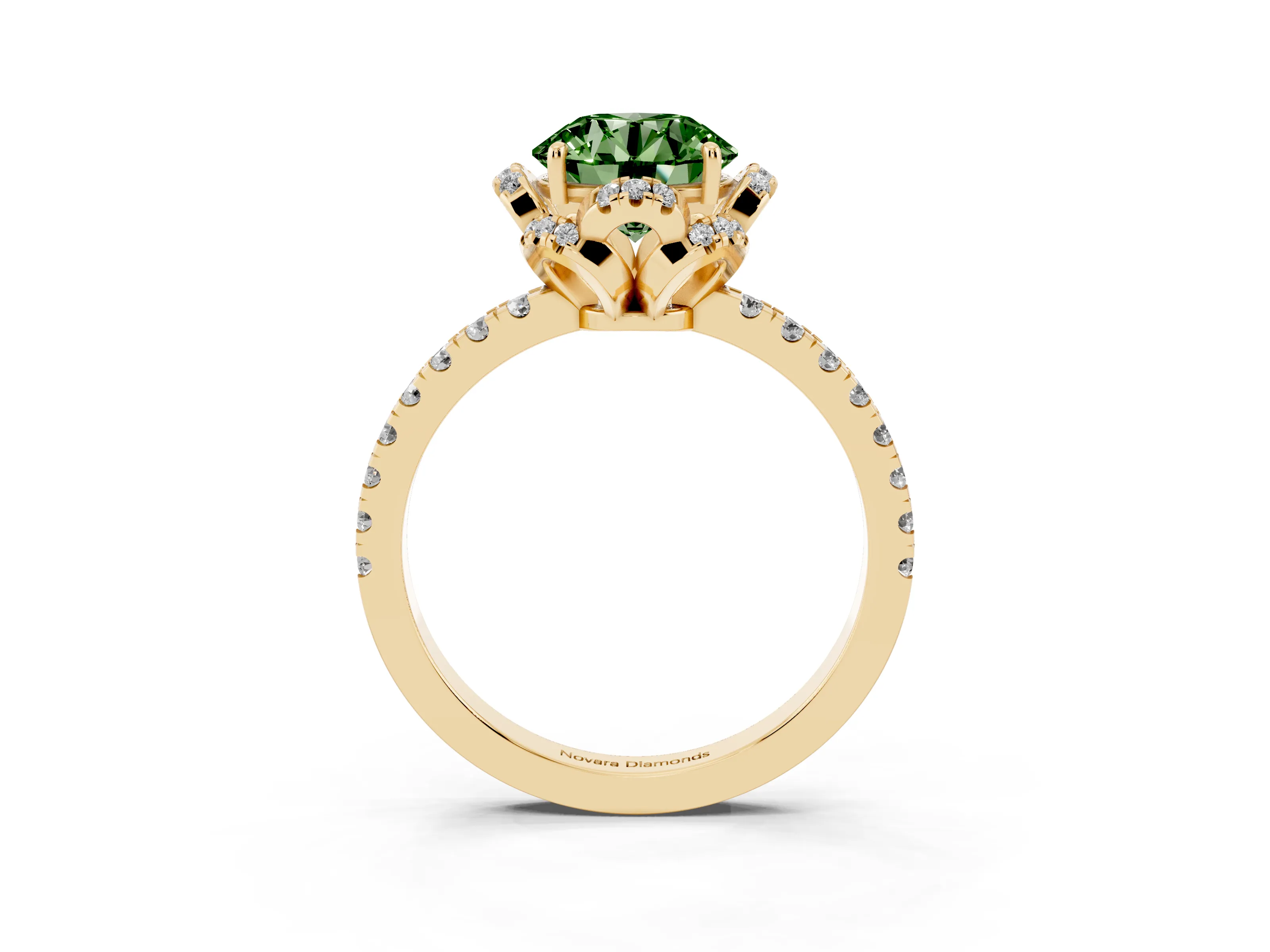 Fancy Green Round Cut Diamond Halo Pavé Band Ring Set in Yellow gold with Prong-Held Center