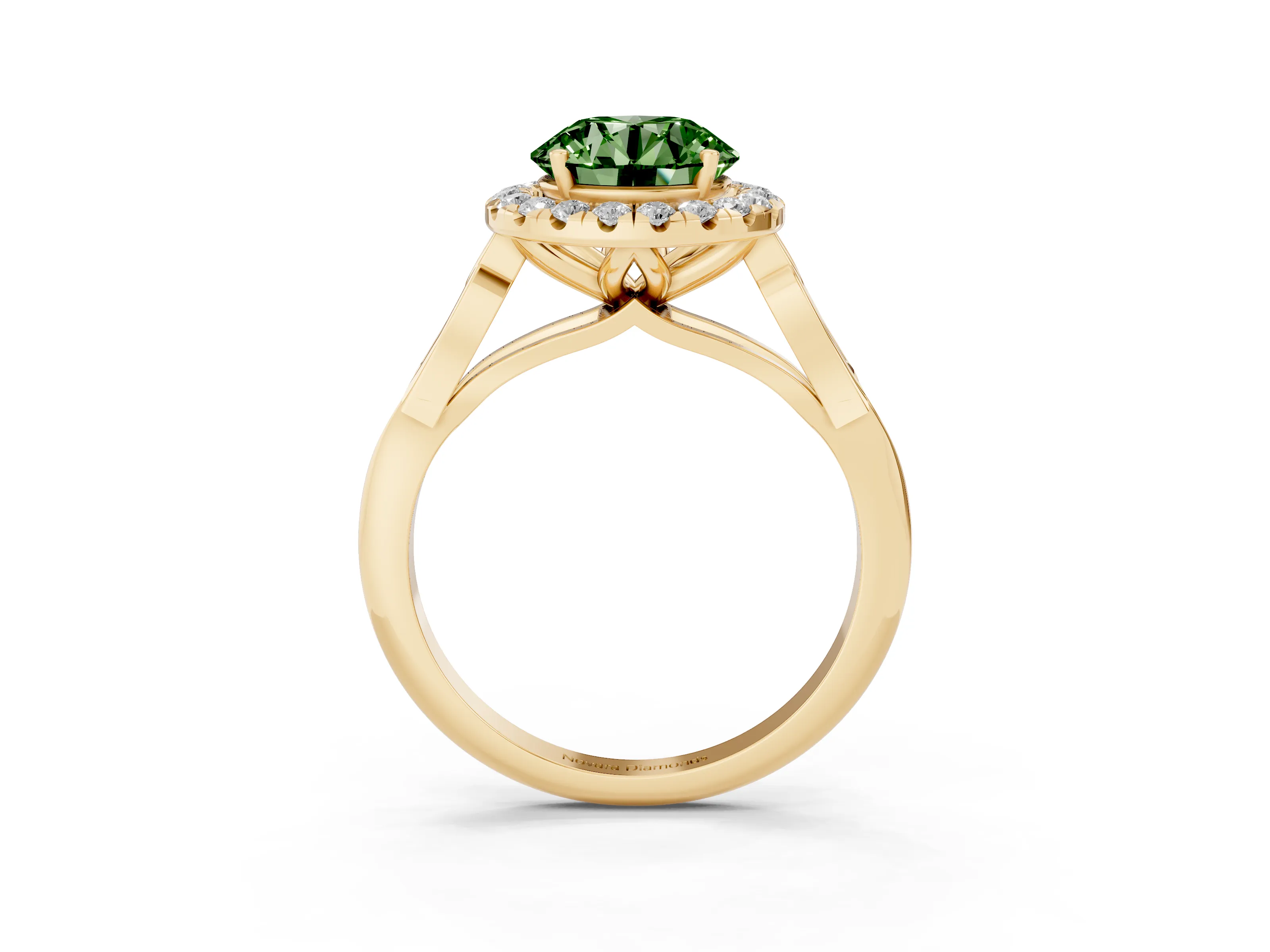Fancy Green Round Cut Diamond Halo Engagement Ring Set in Yellow gold with Filigree Band and Prong-Set Center