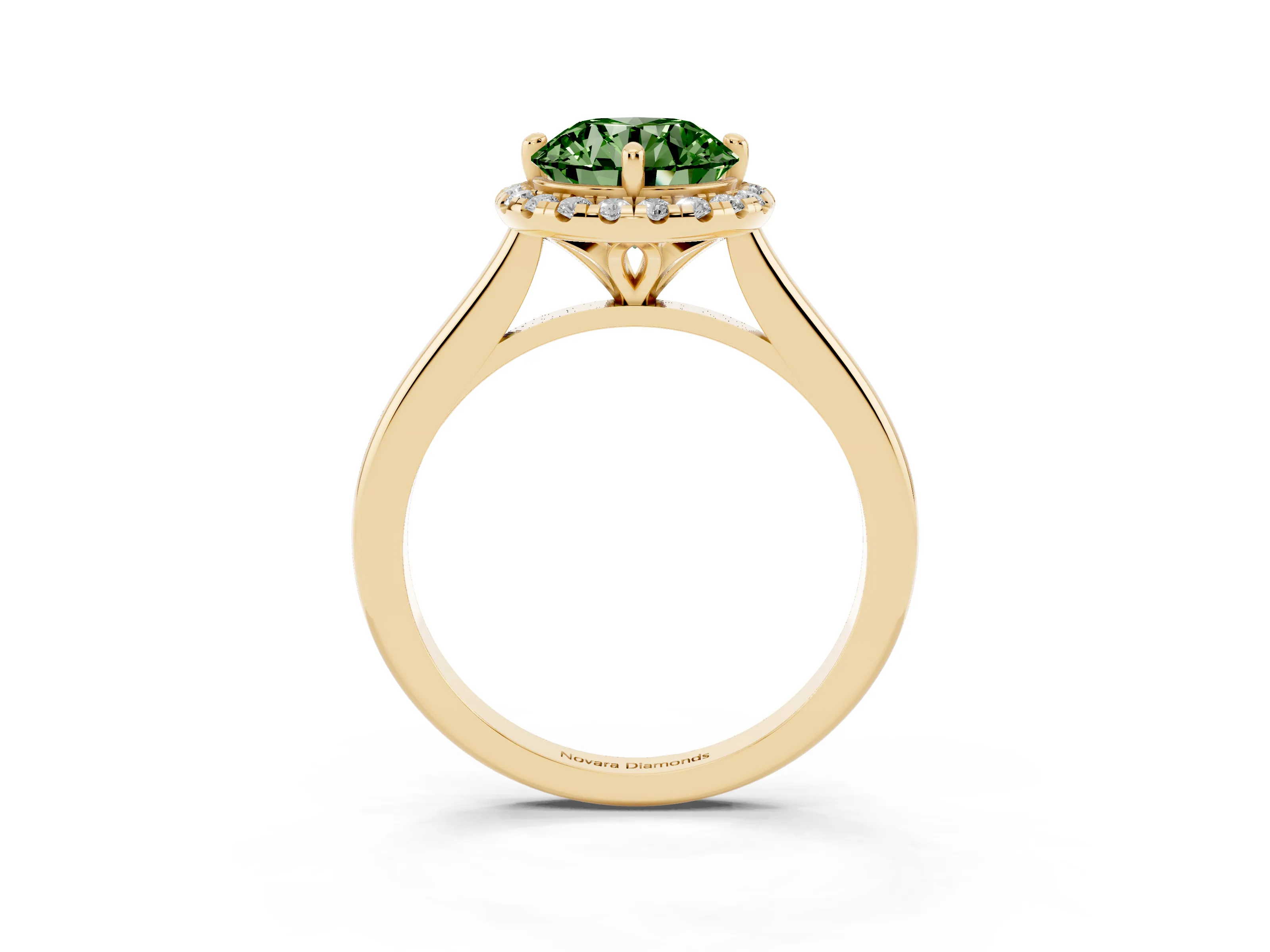 Fancy Green Round Cut Diamond Halo Engagement Ring Set in Yellow gold with Pavé Band and Rising Shoulders