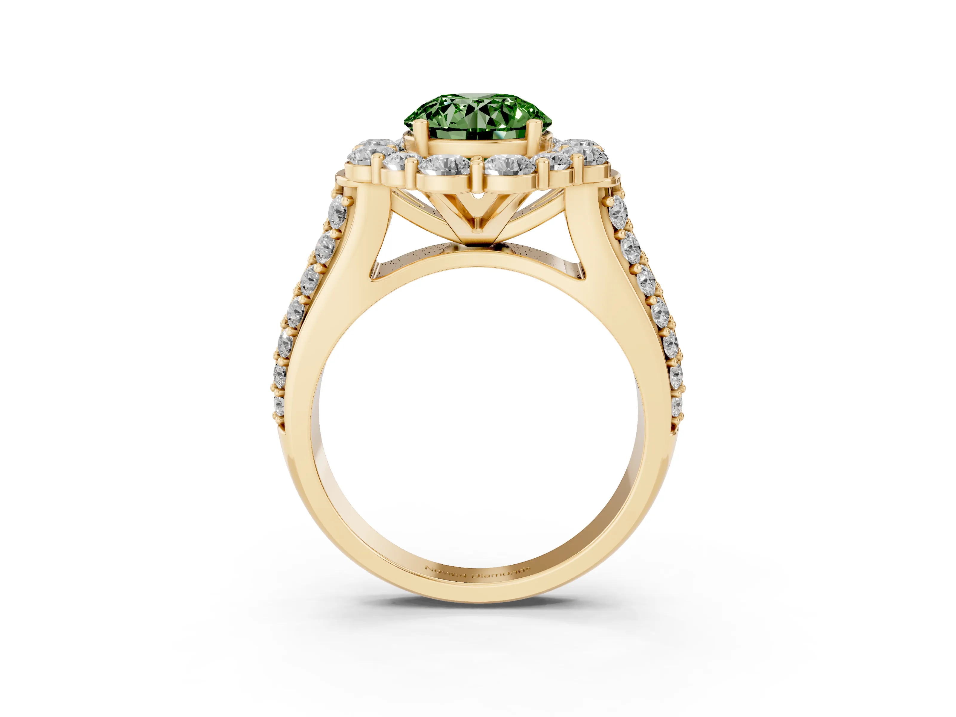 Fancy Green Round Cut Diamond Halo Engagement Ring Set in Yellow gold with Split Shank and Prong Setting