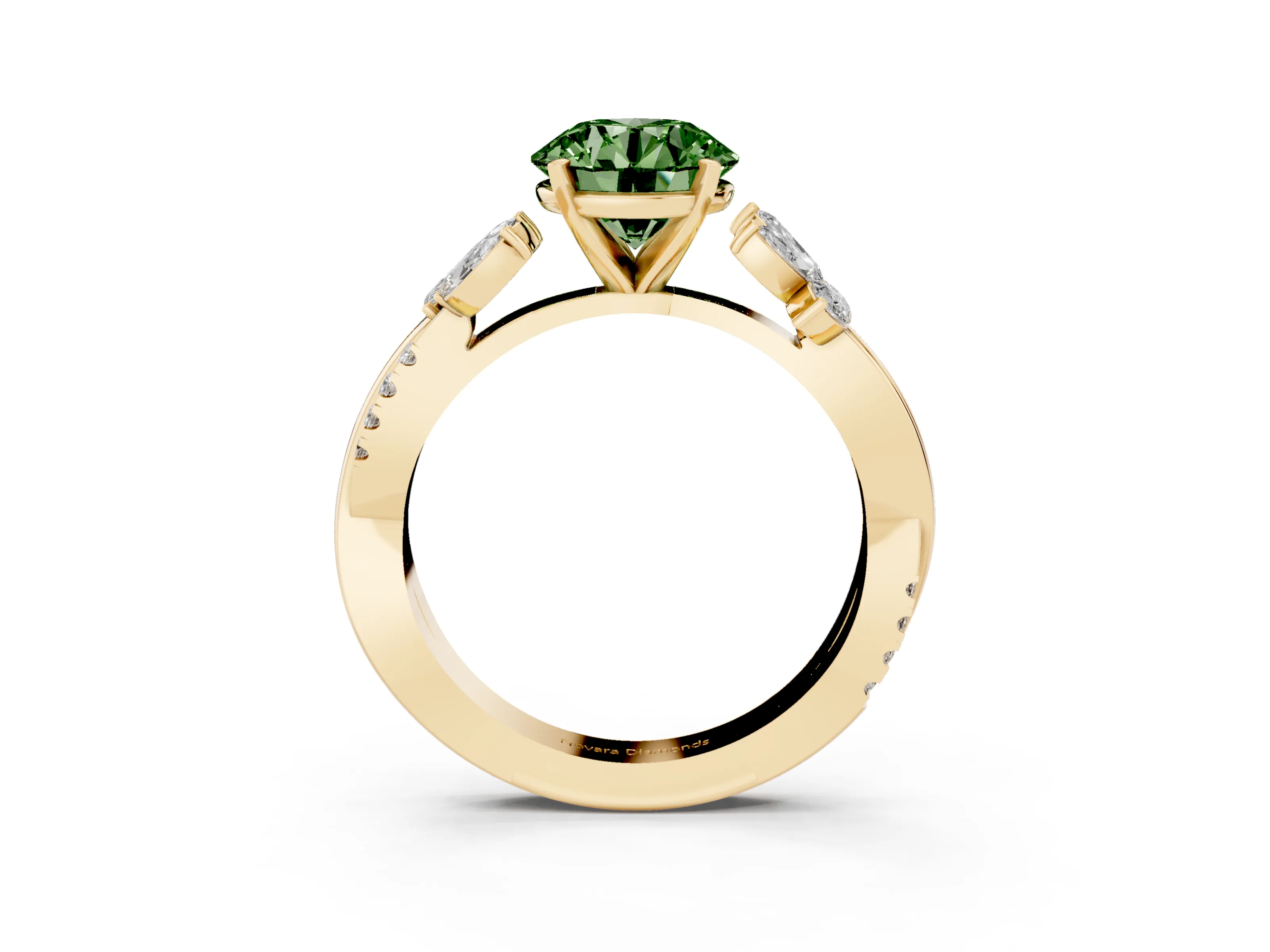 Fancy Green Round Cut Diamond Floral Vine Solitaire Engagement Ring Set in Yellow gold with Marquise Leaves