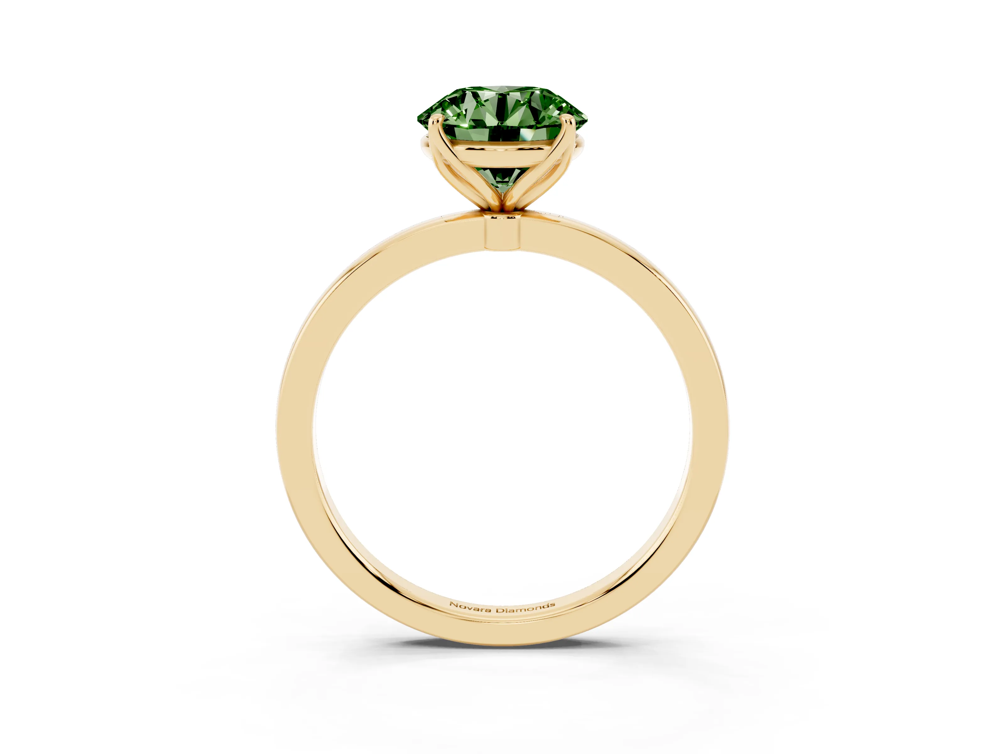 Fancy Green Round Cut Diamond Solitaire Ring Set in Yellow gold with Prong Setting and Thin Polished Band