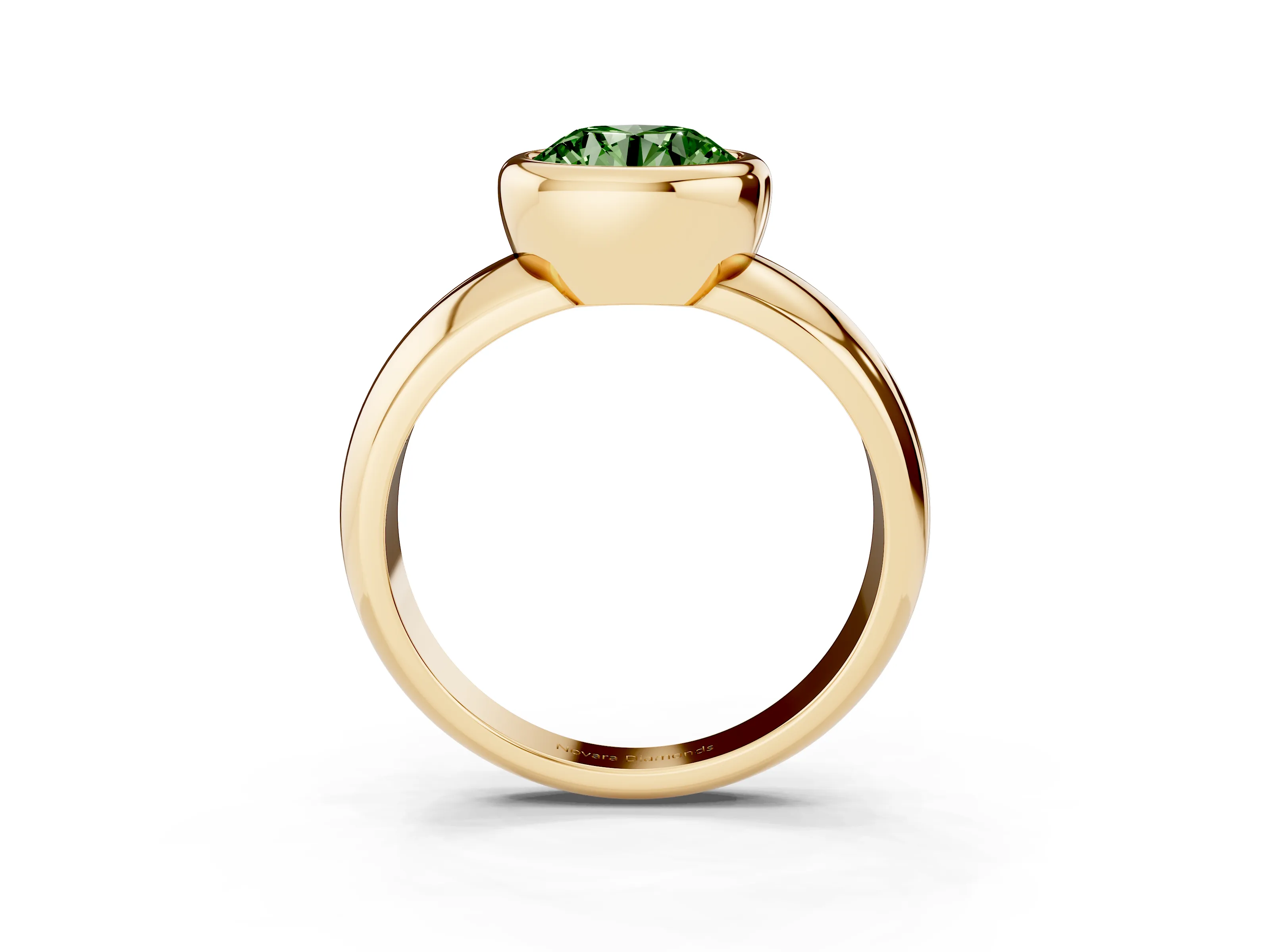 Fancy Green Bezel Set Round Cut Diamond Solitaire Ring Set in Yellow gold with Wide Band