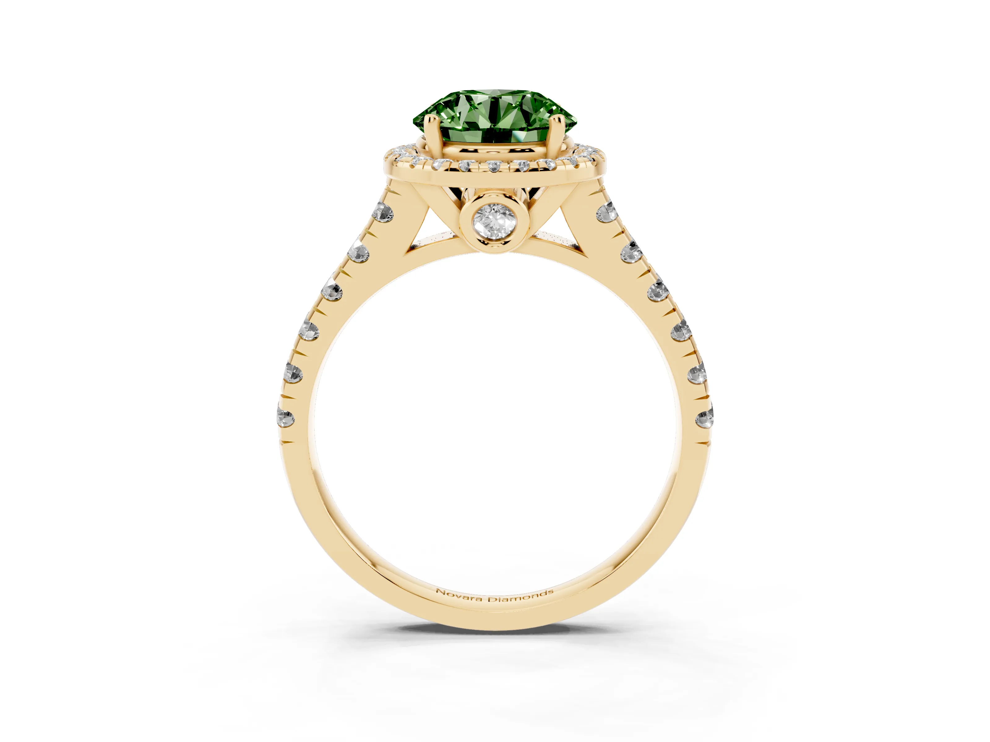 Fancy Green Round Cut Diamond Halo Engagement Ring Set in Yellow gold with Pavé Band and Prong-Set Center
