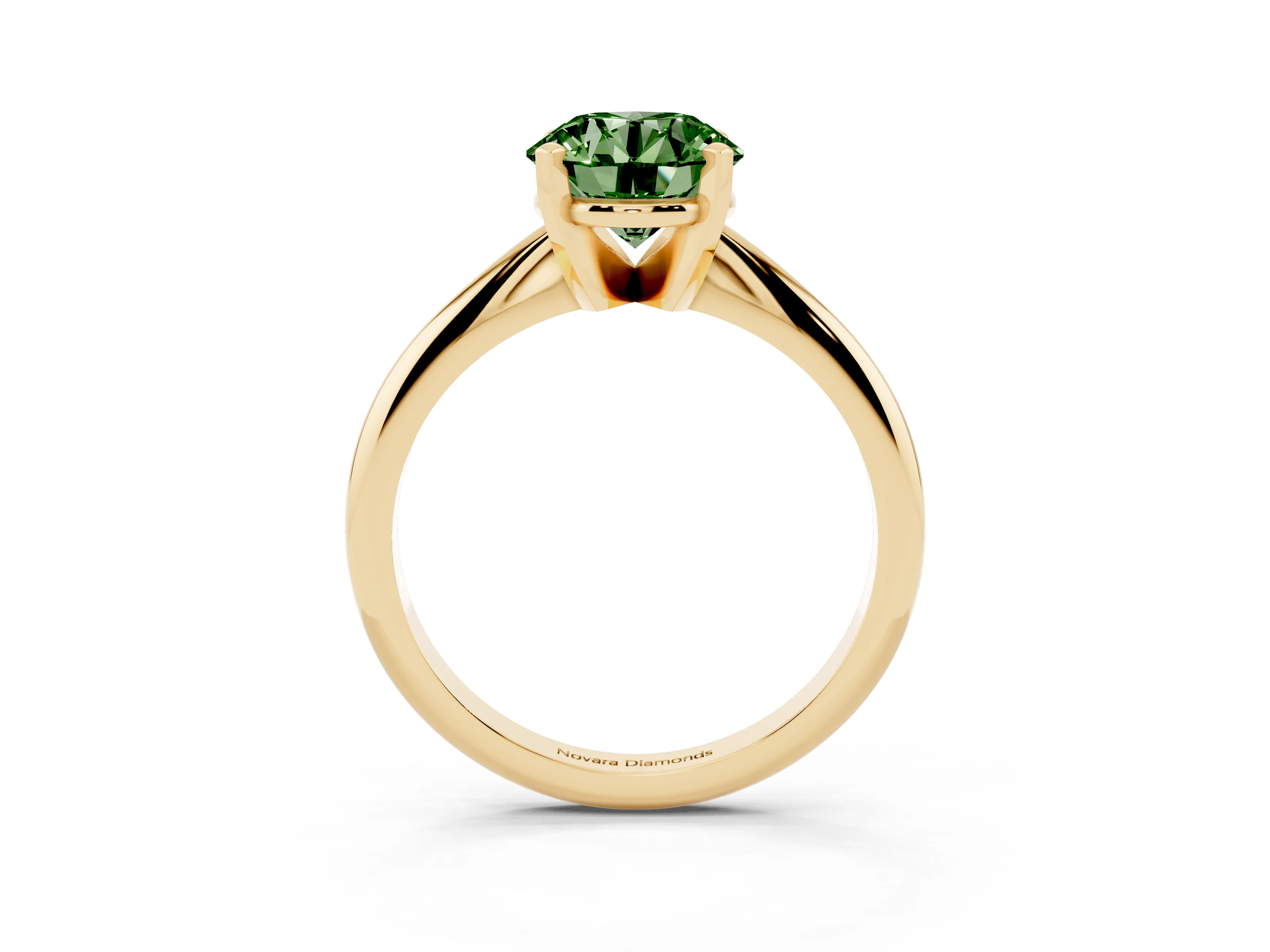 Fancy Green Round Cut Diamond Solitaire Ring Set in Yellow gold with Prong Setting on a Plain Round Band