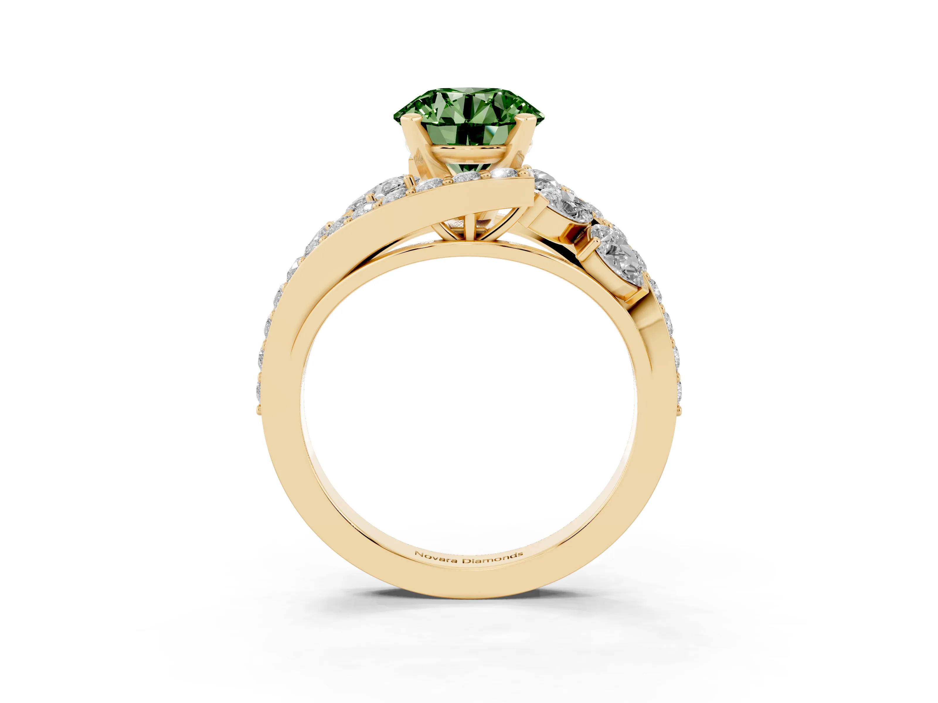 Fancy Green Round Cut Diamond Halo Ring Set in Yellow gold with Marquise and Pavé Band in Prong Setting