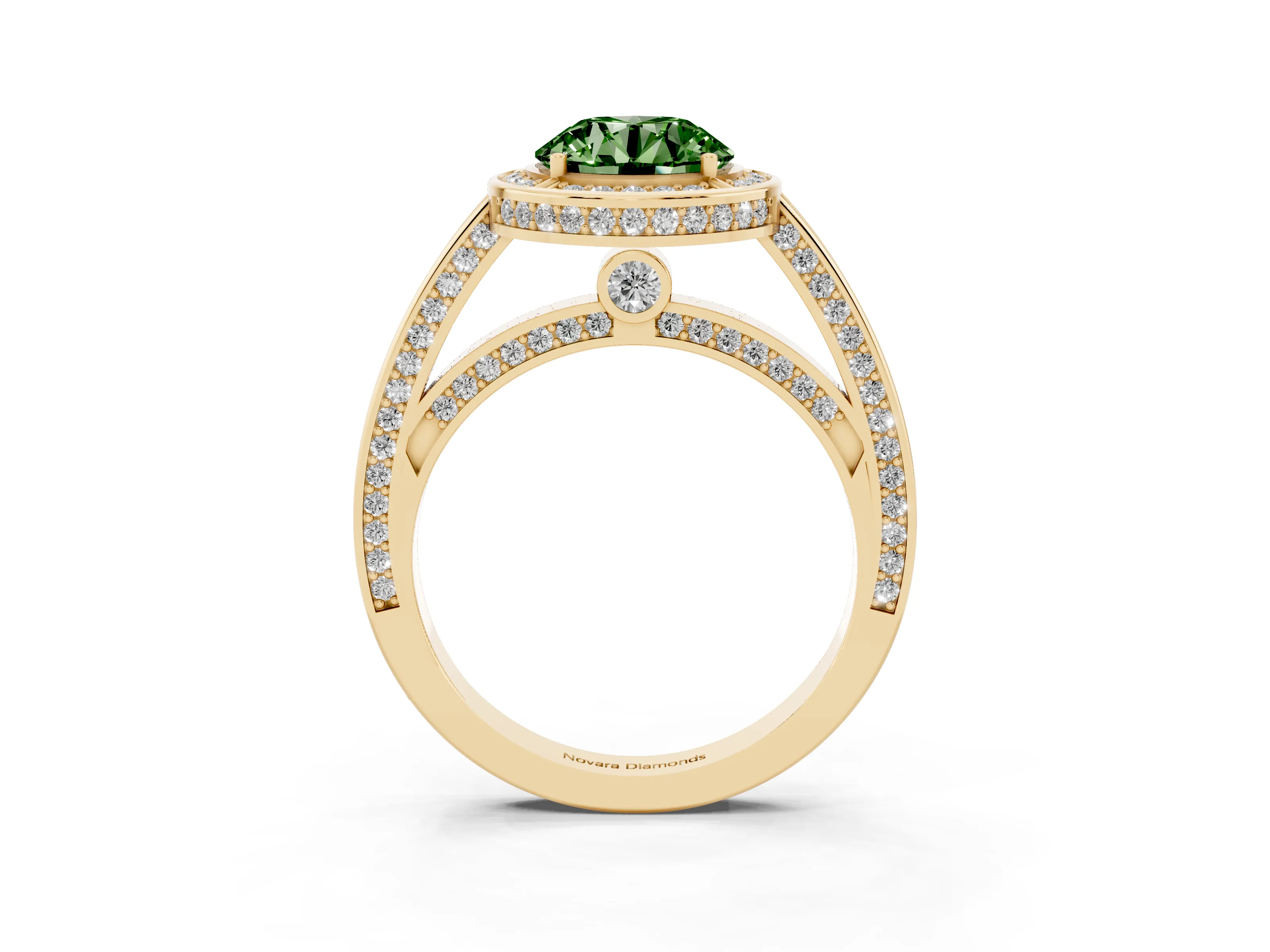 Fancy Green Round Cut Diamond Halo Pavé Split Shank Ring Set in Yellow gold with Prong Setting
