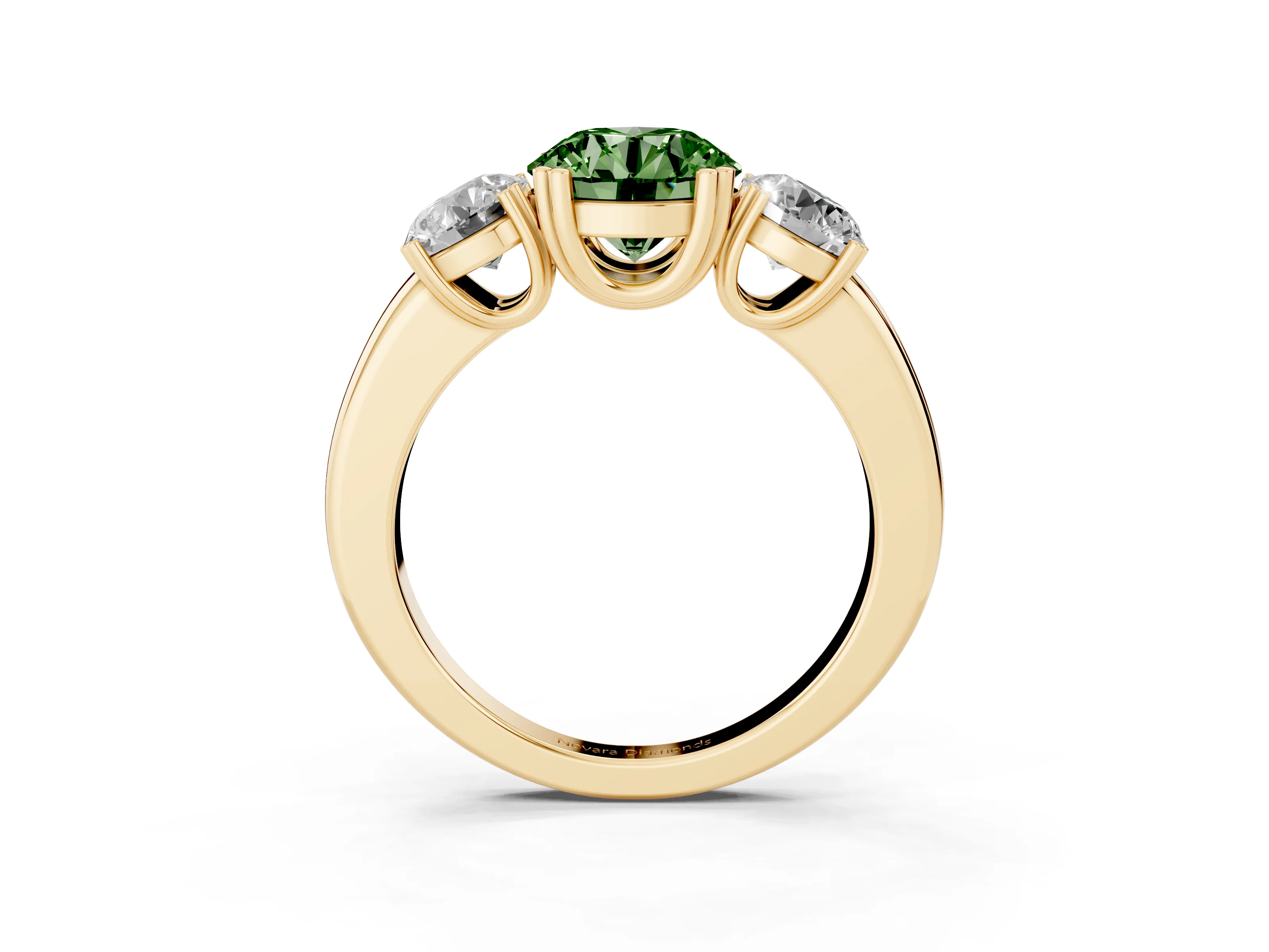 Fancy Green Round Cut Diamond Three-Stone Ring Set in Yellow gold with Polished Channel-Set Band